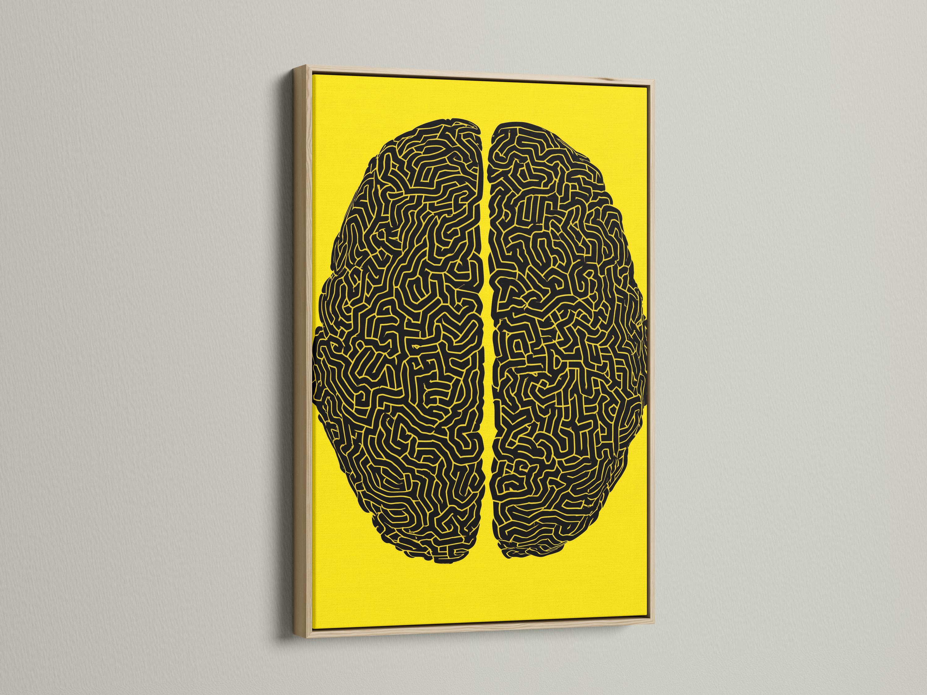 Two black brain silhouettes filled with maze-like lines on a yellow background detail view