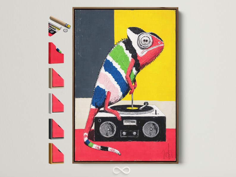 Pop-art chameleon DJ artwork with thick black outlines, bright yellow and red background blocks