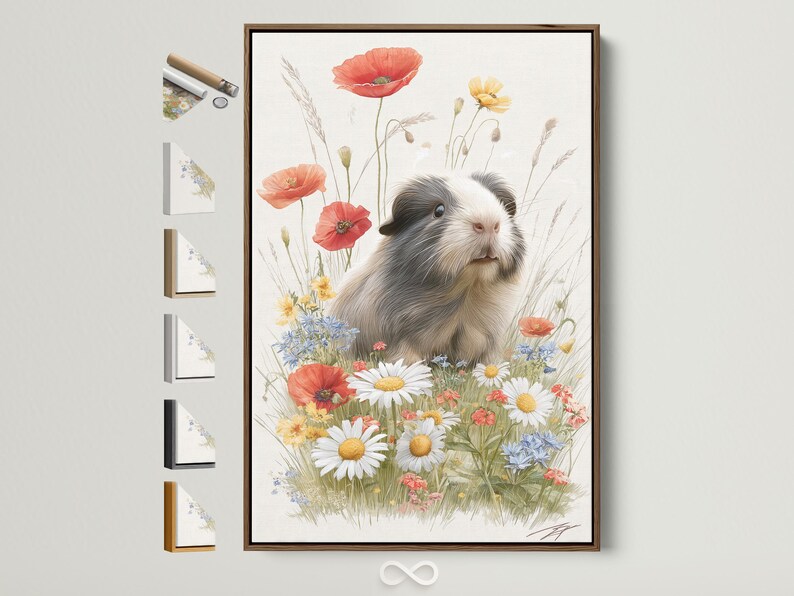 Guinea pig resting in a wildflower meadow with daisies, poppies and blue flowers