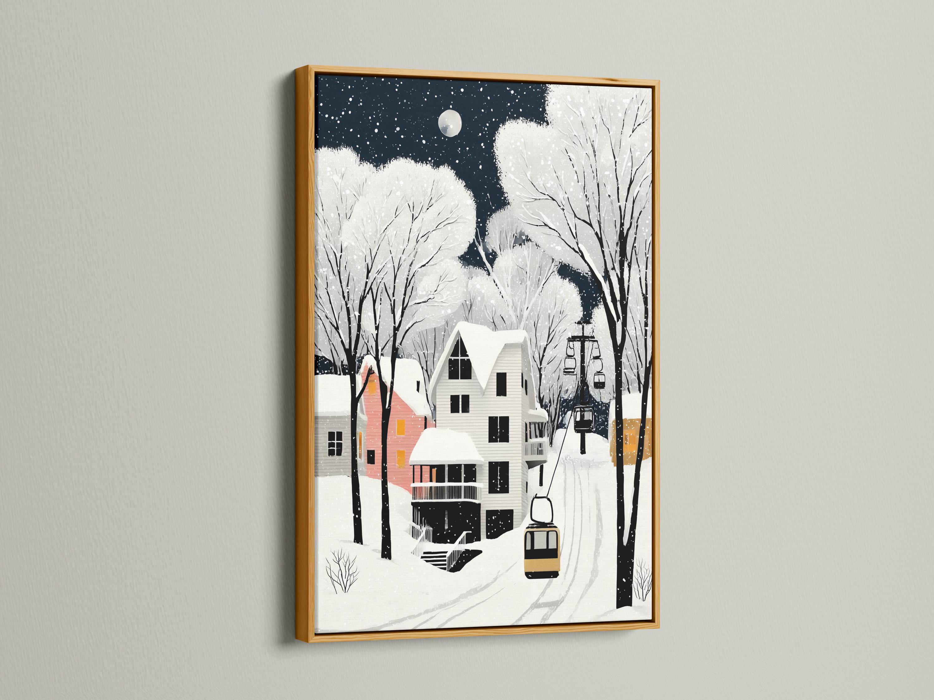 Snowy winter village at night with a full moon, bare trees, and houses with falling snow detail view