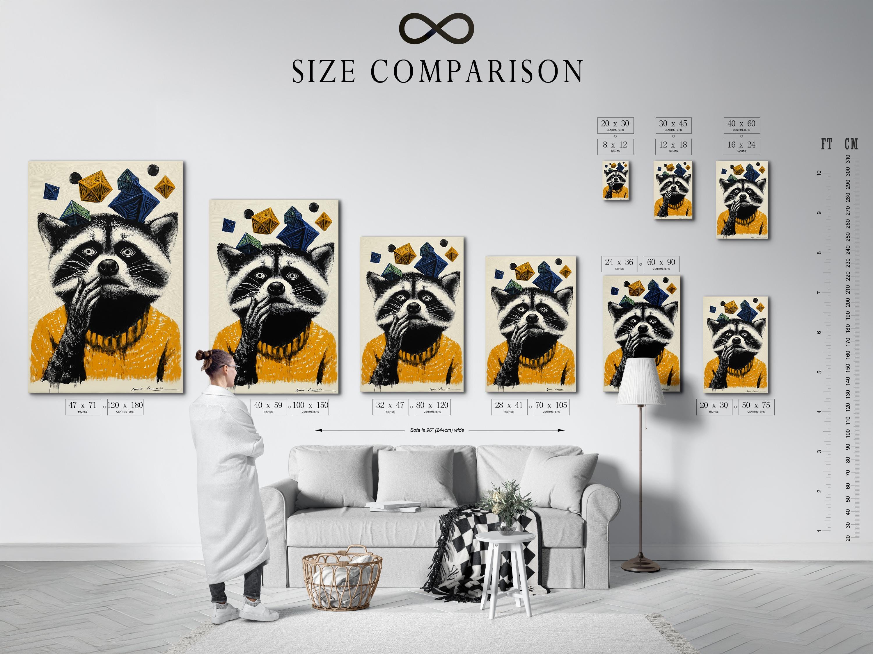Stylised raccoon portrait with black and white fur, mustard yellow texture, and floating navy geometric shapes detail view