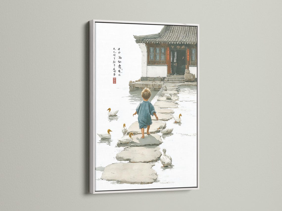 Neutral river scene of a child standing on stepping-stones with ducks in shallow water detail view