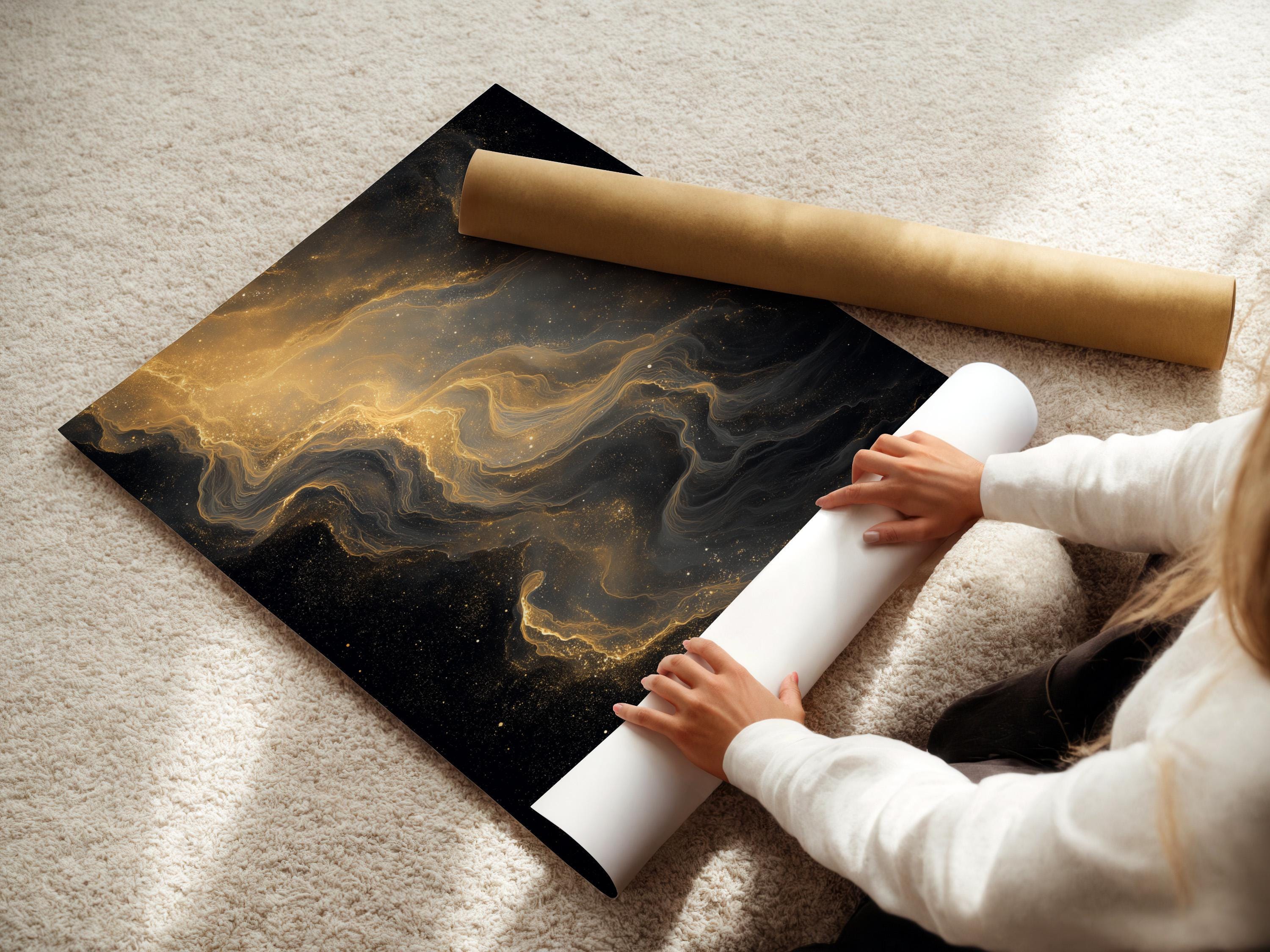 Room mockup showing a framed black and gold abstract artwork with gold dust trails