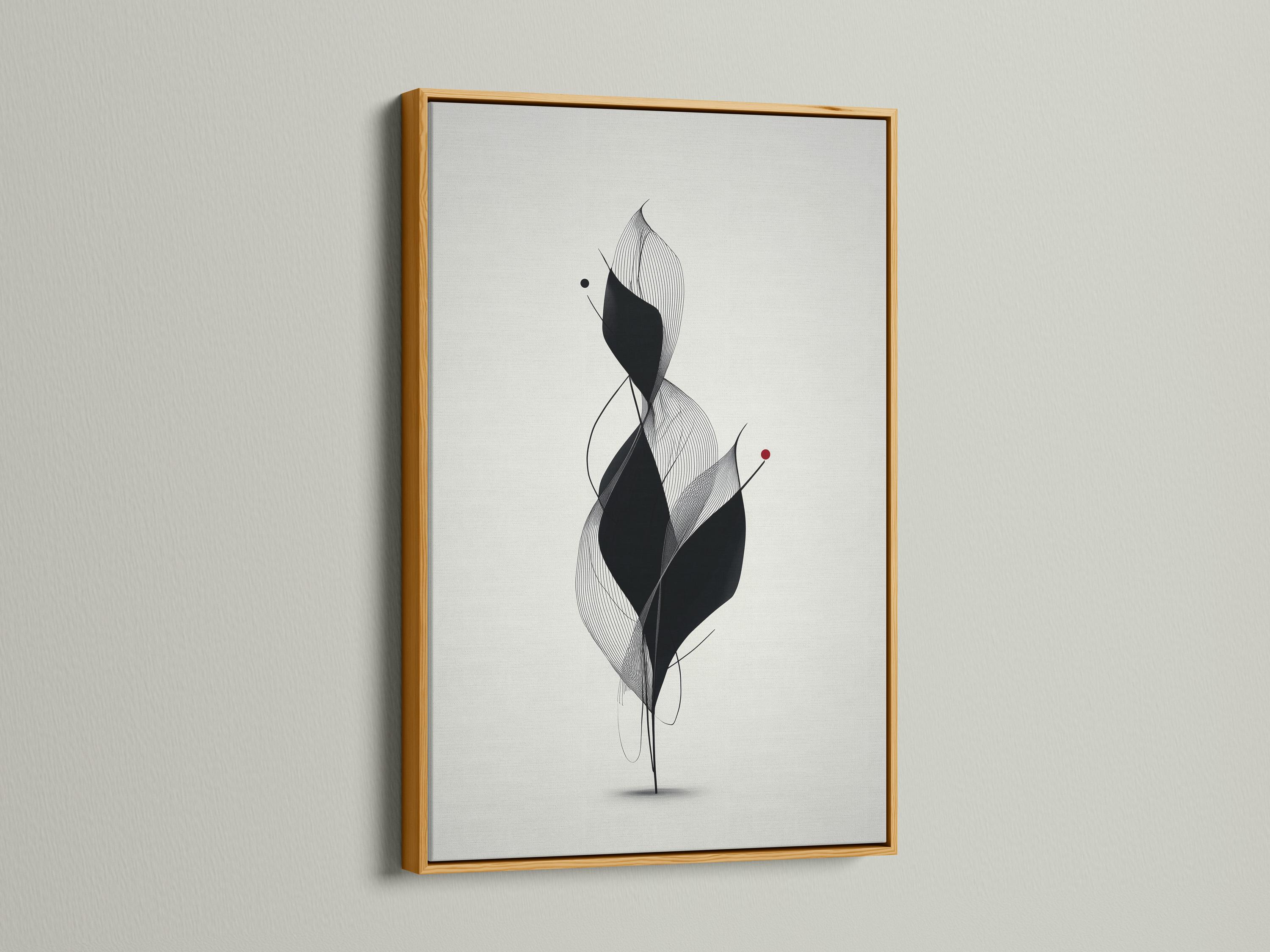 Monochrome abstract flower line art with layered black petals, fine curves and a small red dot detail view