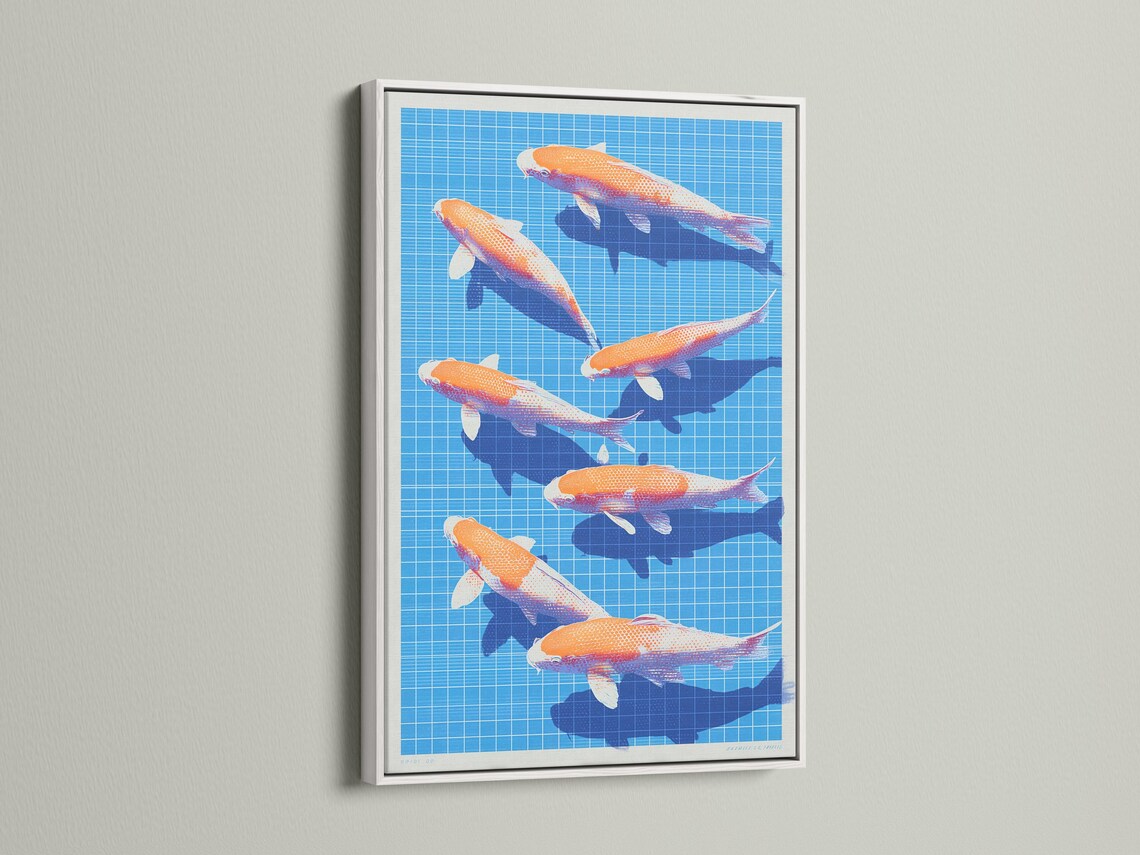 Orange koi fish swimming on a bright blue grid background with dark blue water shapes detail view