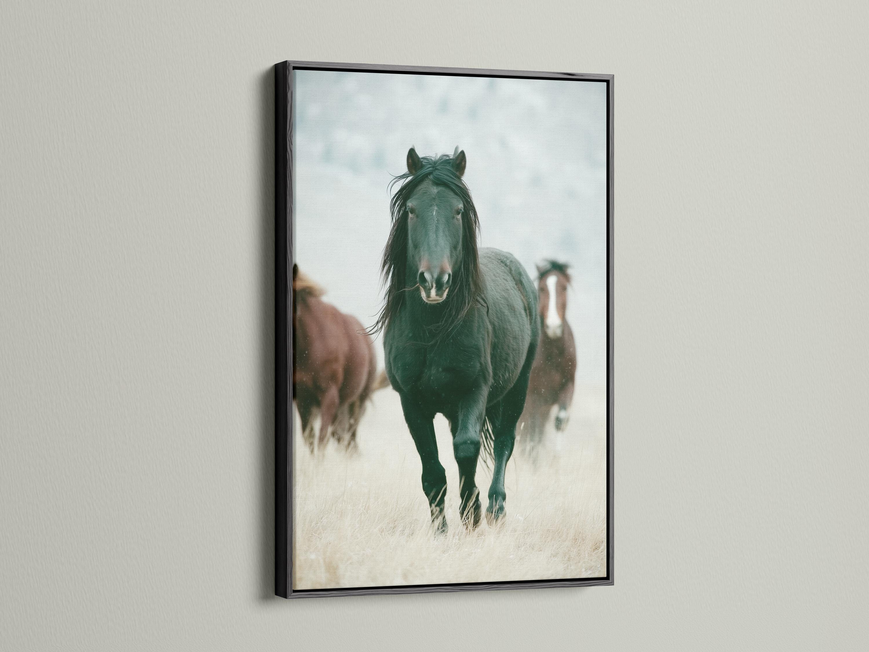 Muted green horse portrait with a pale misty background and a blurred second horse detail view