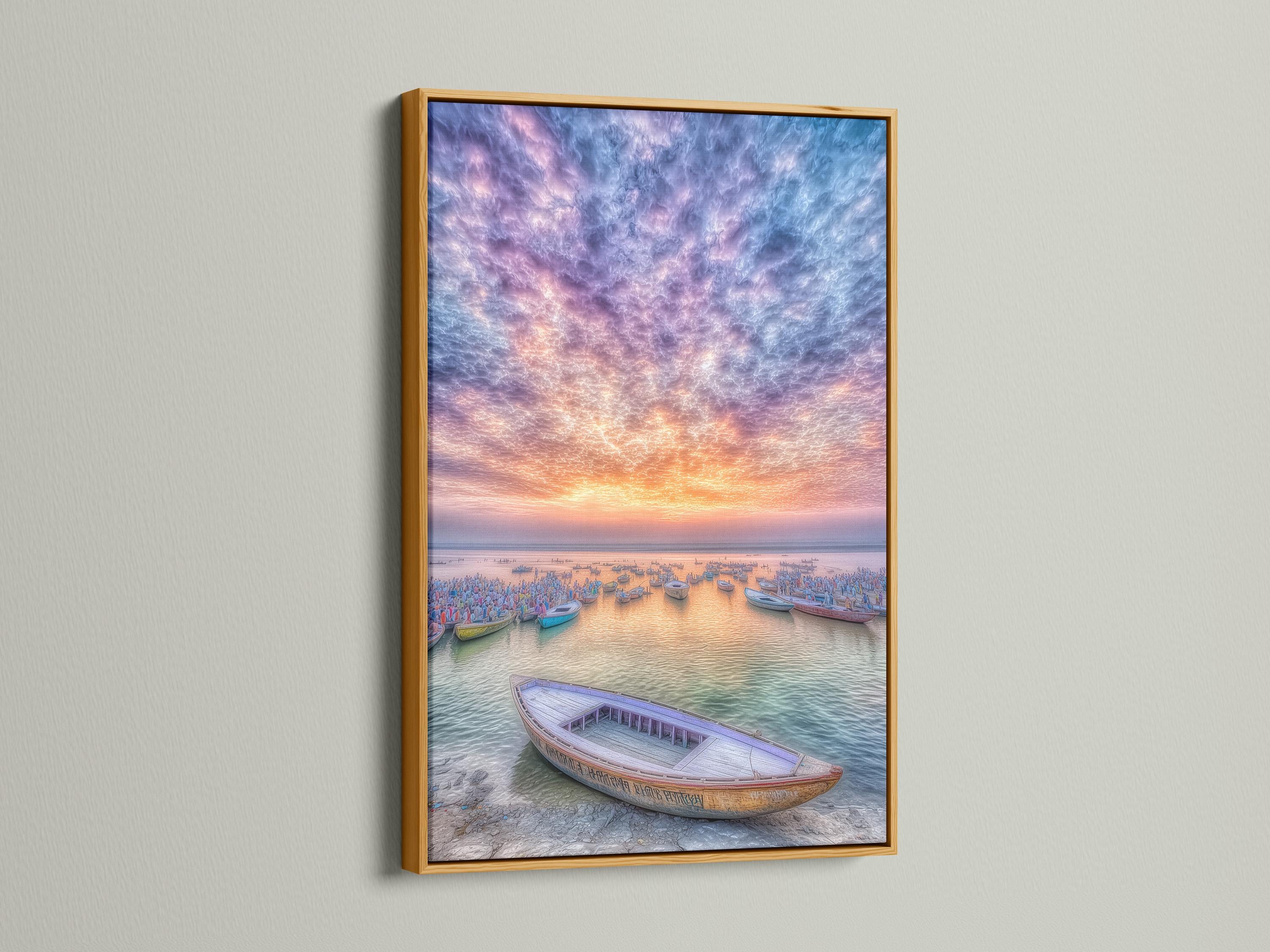 Harbour sunset scene with boats and swirling purple-blue clouds detail view