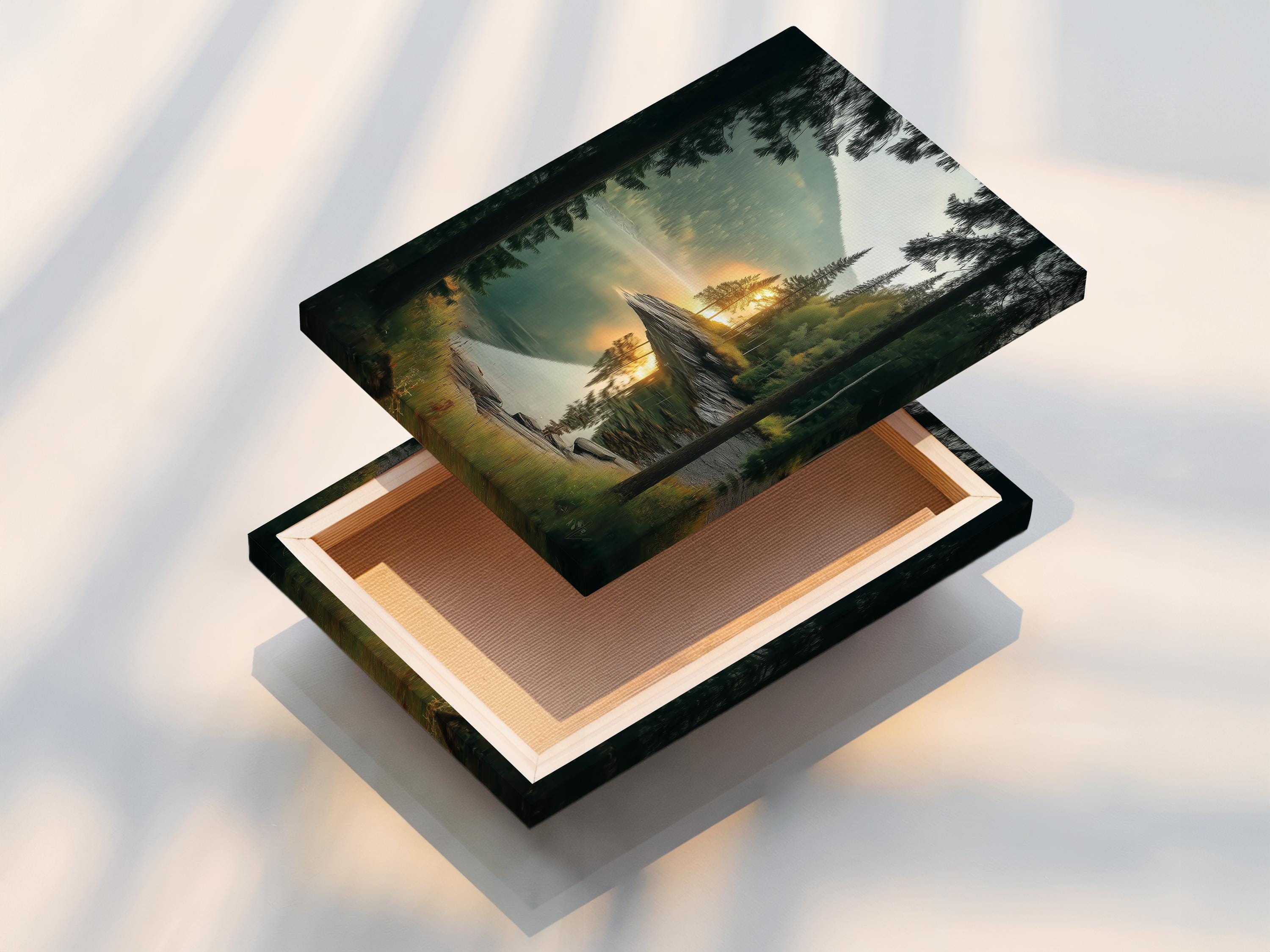 Landscape artwork of a misty lake with evergreen trees and sunrise reflections detail view