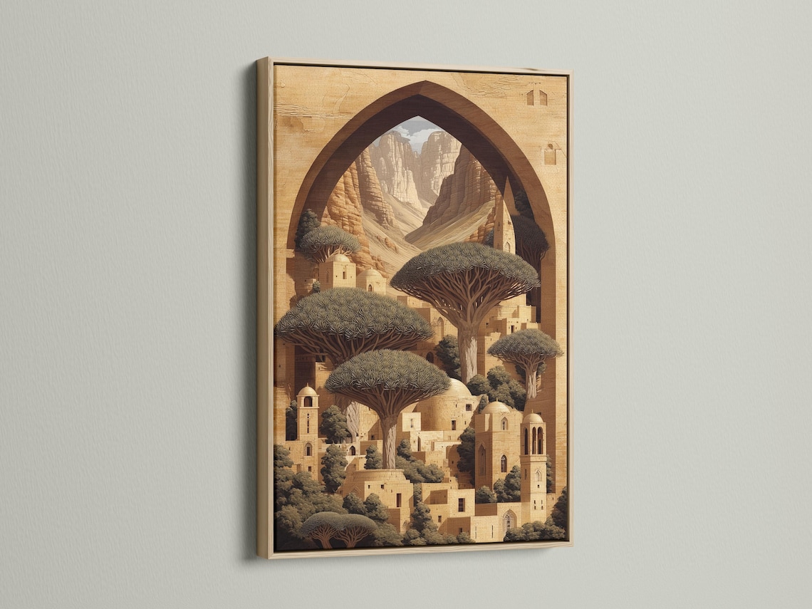 Desert oasis architecture scene with a central arch framing mountains, domes and dark tree canopies detail view