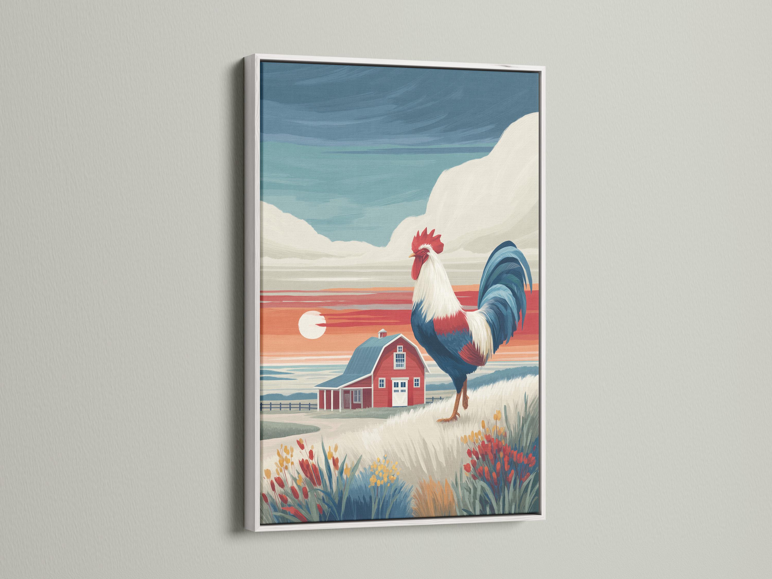 Illustrated rooster standing beside a red barn in a countryside landscape with a bright sun detail view