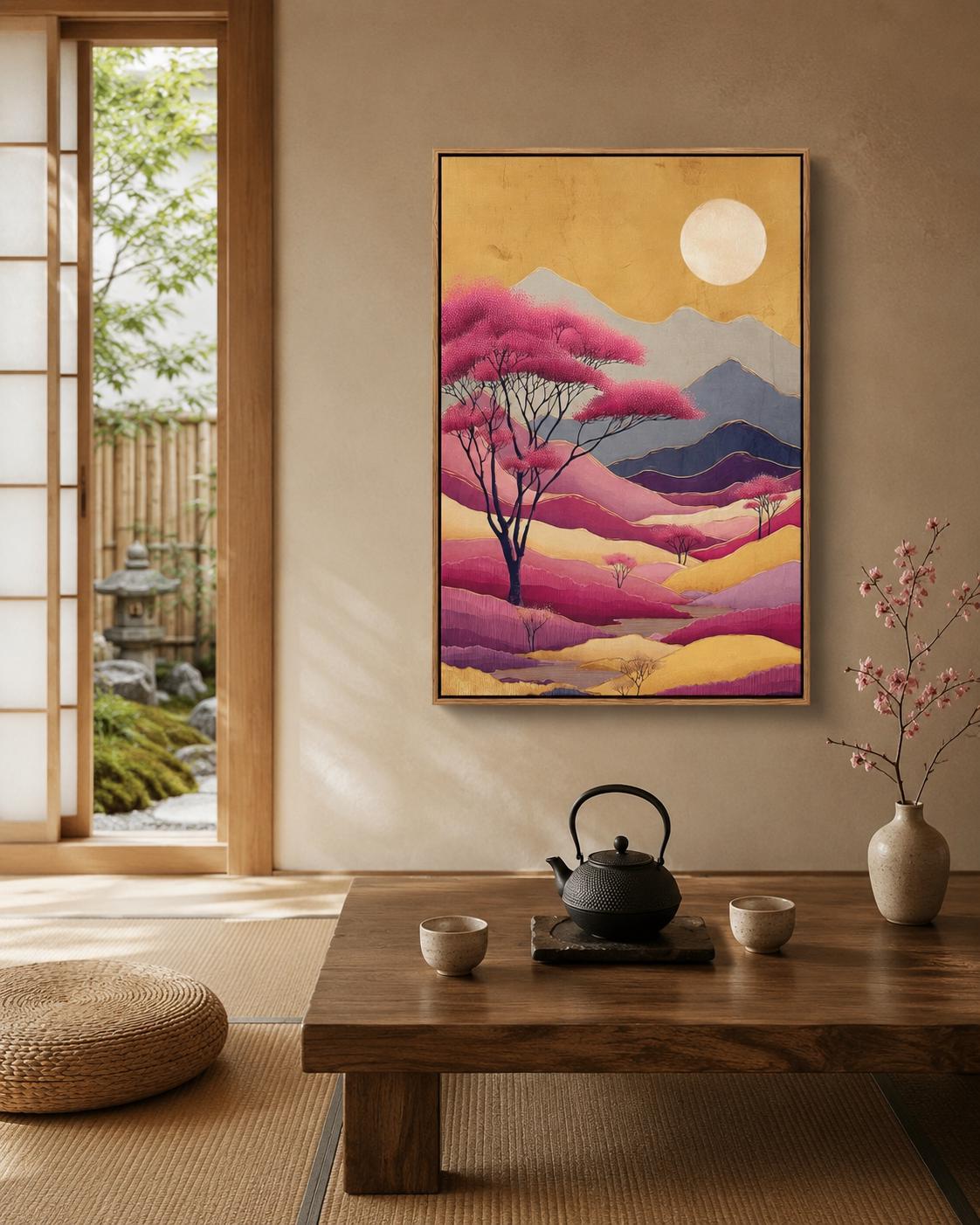 Painterly mountain landscape with blush-pink blossom trees, layered ridges and a pale moon in warm gold tones detail view