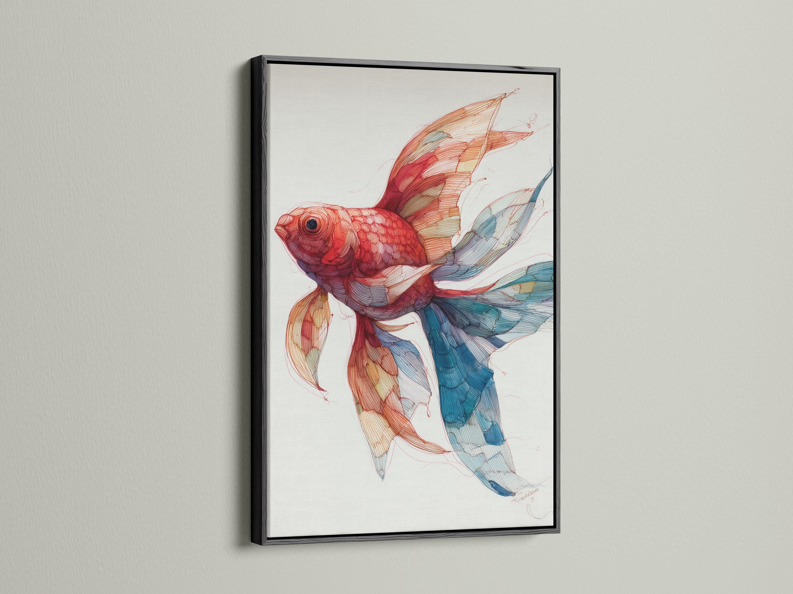 Room mockup showing a framed red goldfish illustration with teal and blue fins