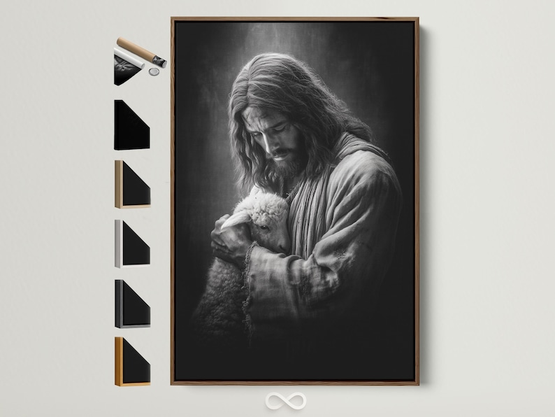 Black and white portrait of a shepherd holding a lamb