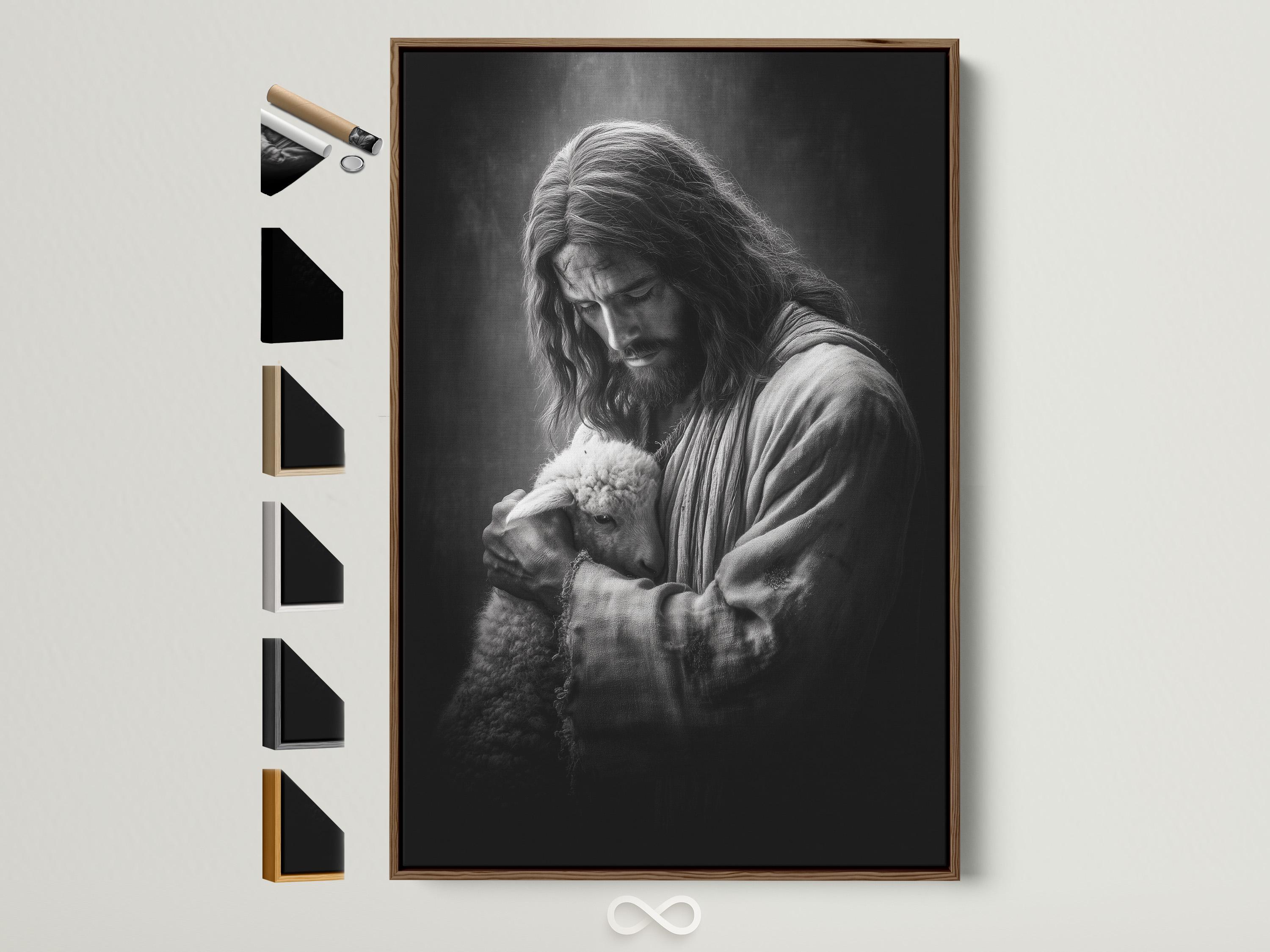 Black and white portrait of a shepherd holding a lamb