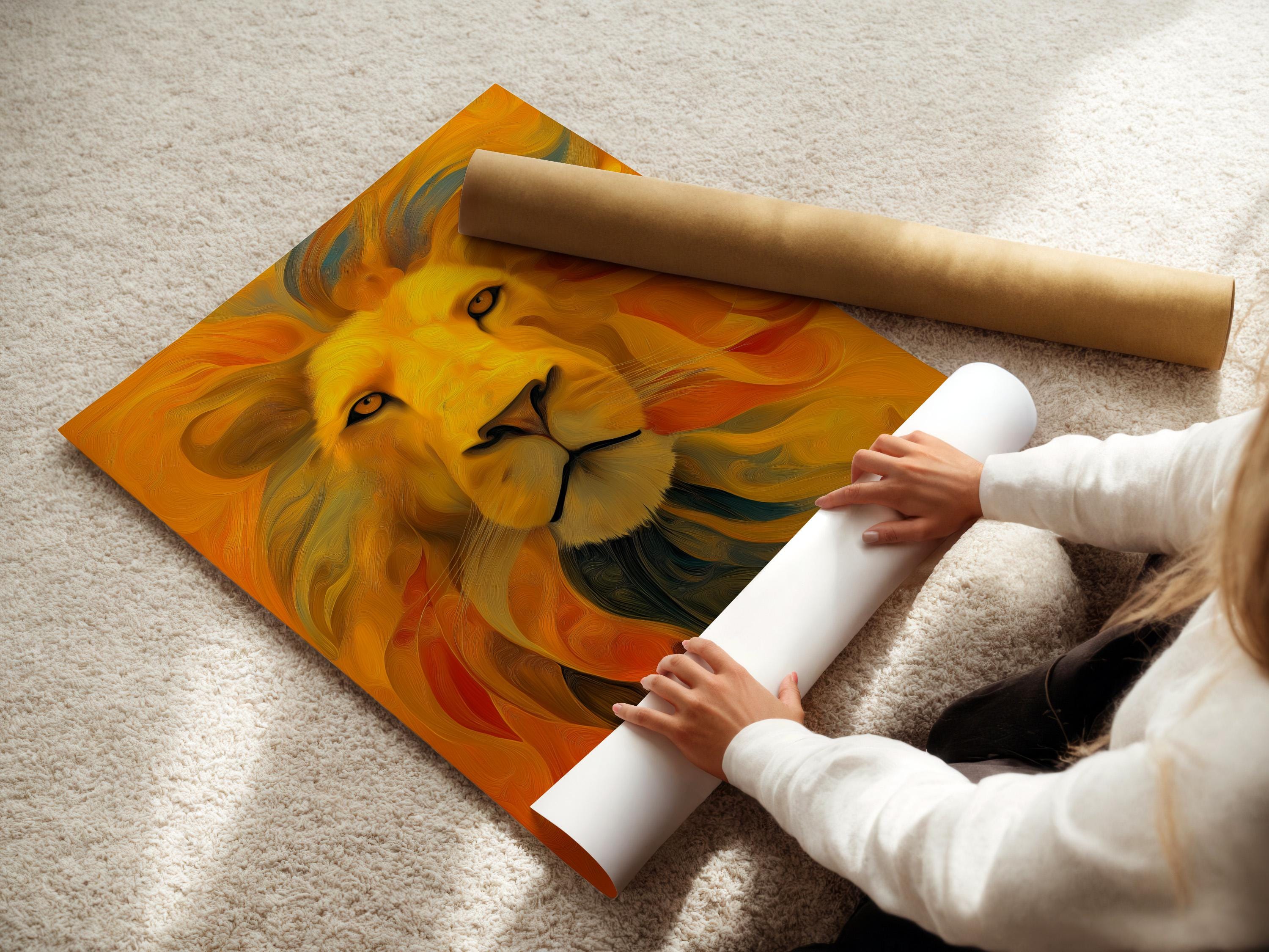 Stylised lion portrait with warm gold and orange swirls, teal tones, and dark eyes detail view