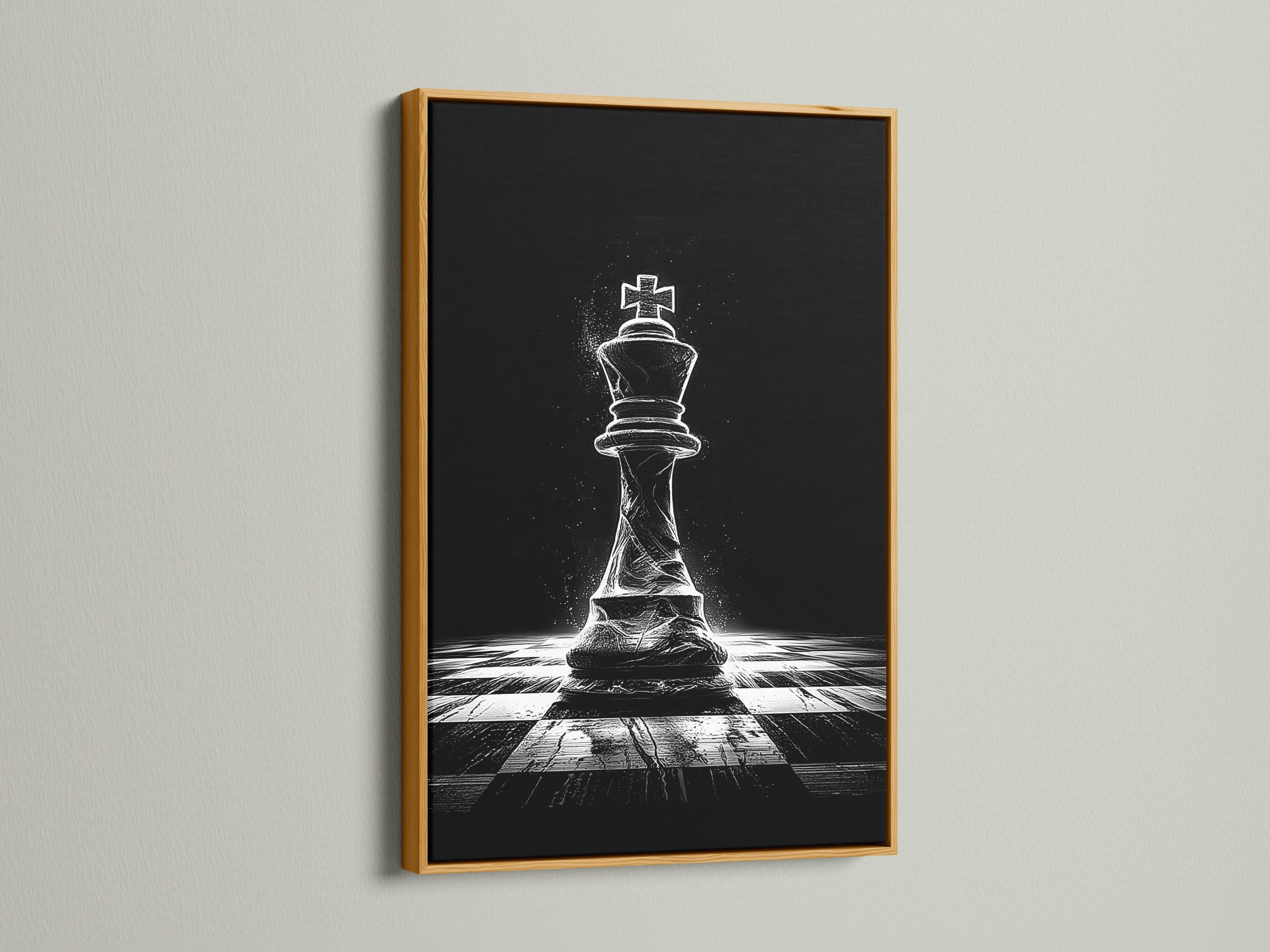 Black and white chess king illustration with a speckled background and perspective chessboard floor detail view