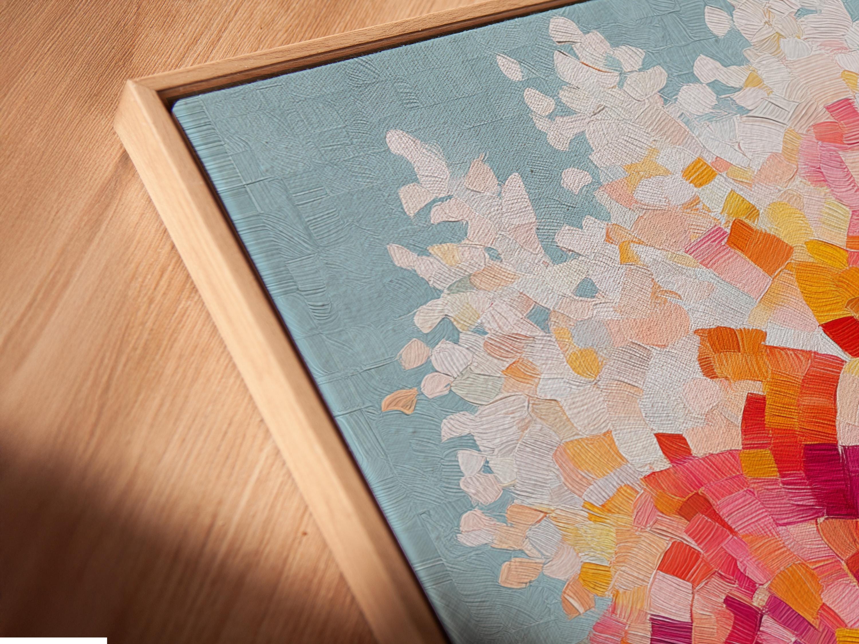 Colourful abstract tree with a mosaic canopy in pink, orange and yellow on a blue textured background detail view