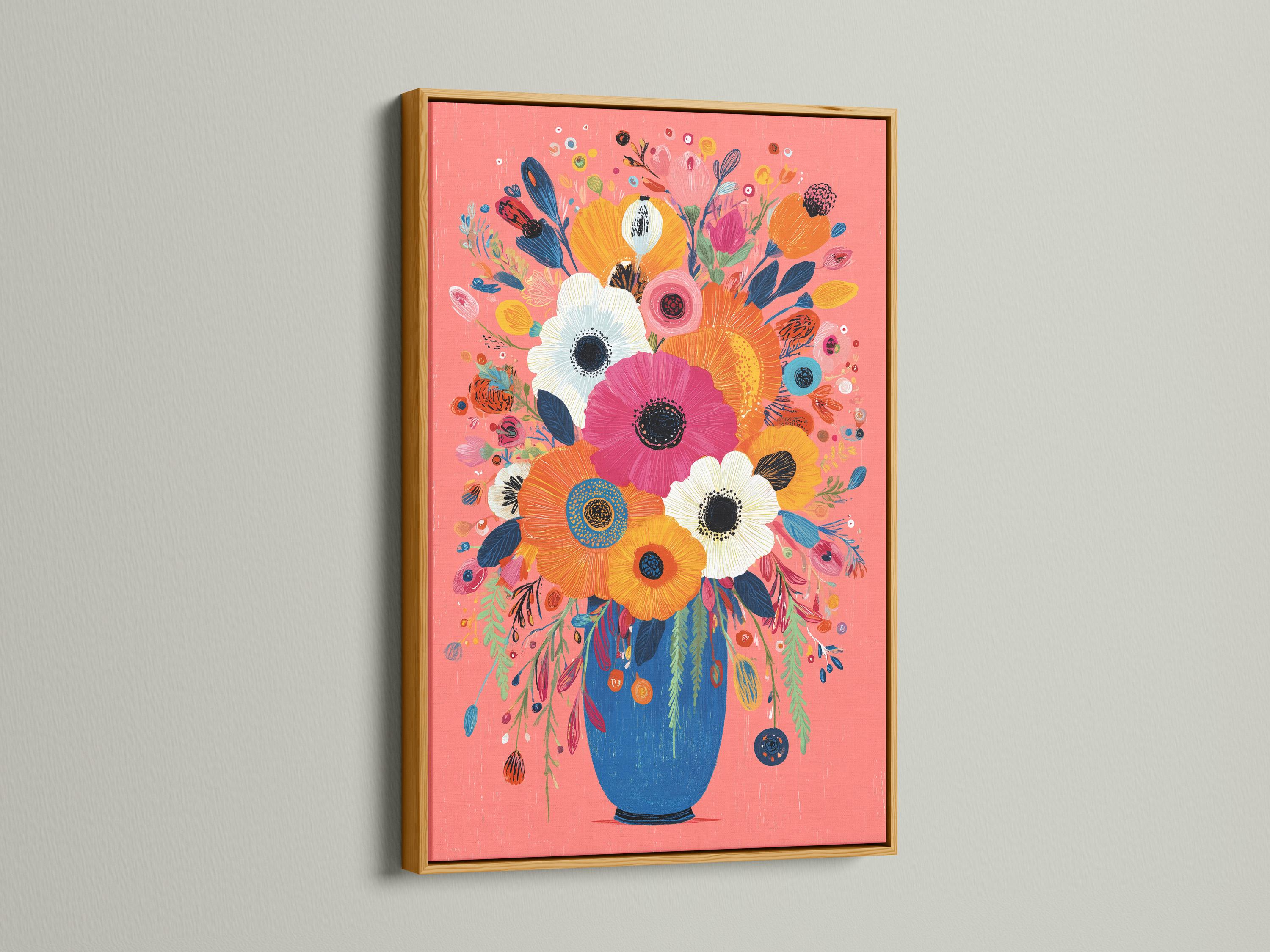 Stylised floral bouquet with large pink flowers in a blue vase on a coral background detail view