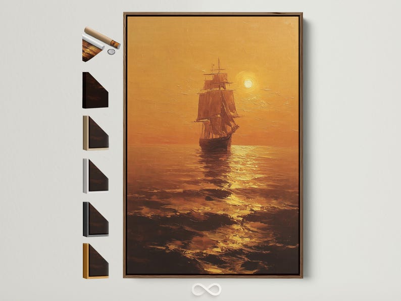 Warm golden seascape with a sailing ship under a glowing sun and shimmering water reflections