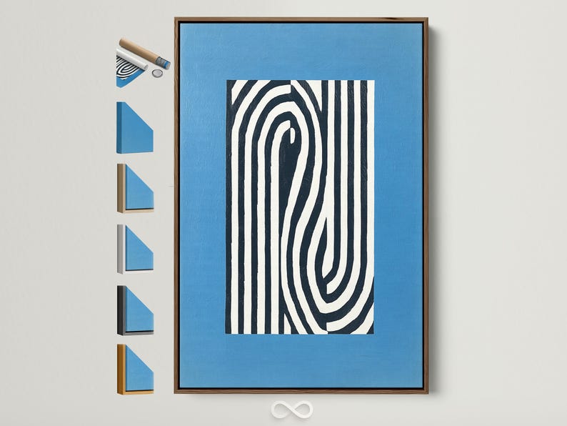 Abstract blue artwork with black and white vertical stripes and curved concentric lines