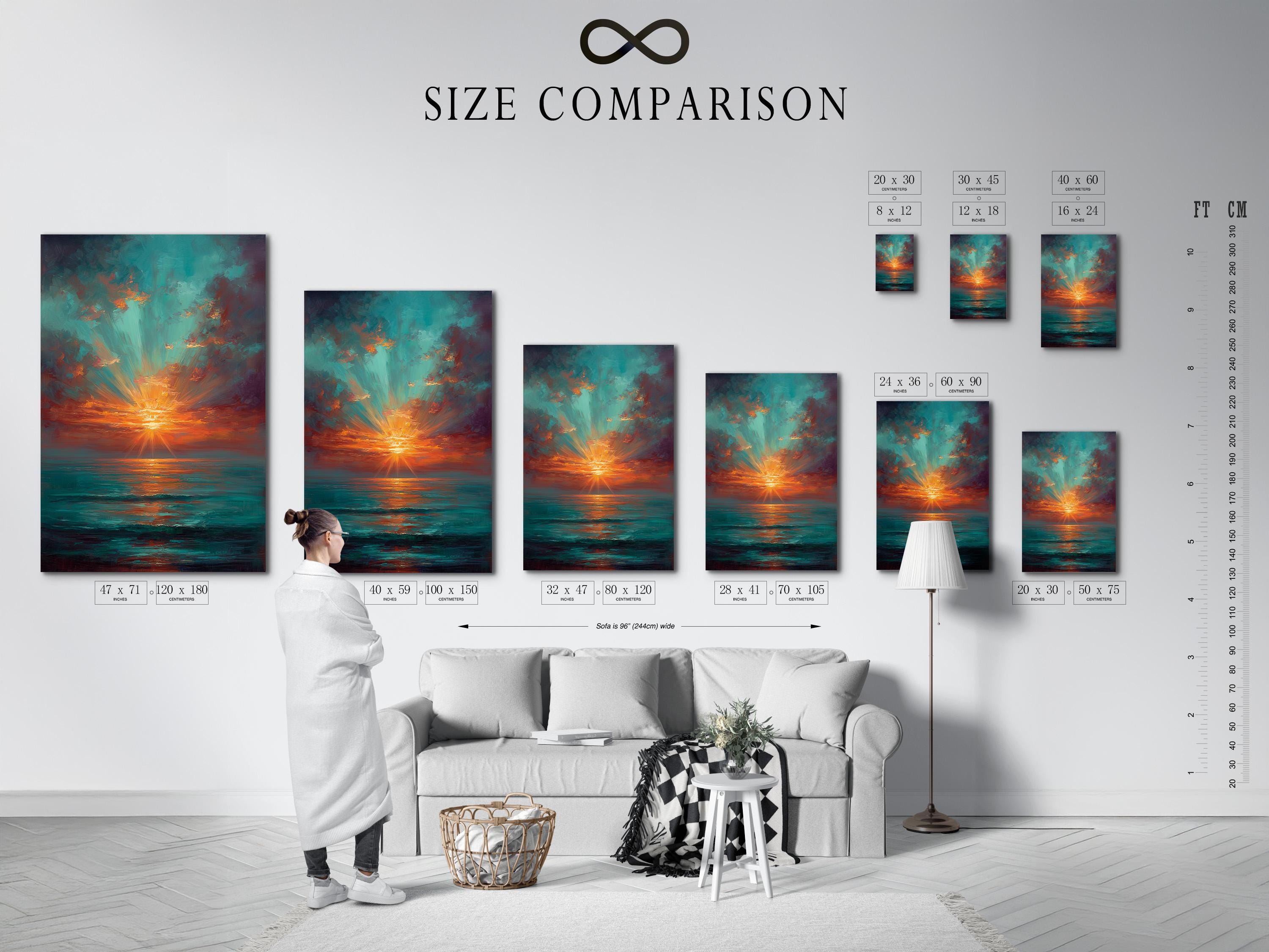 Room mockup with a sofa and a framed teal and copper sunset seascape artwork on the wall