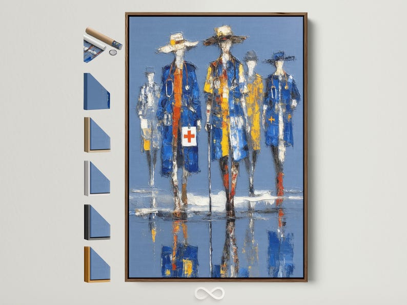 Blue and yellow medical staff figures with white cross symbols in a painterly style