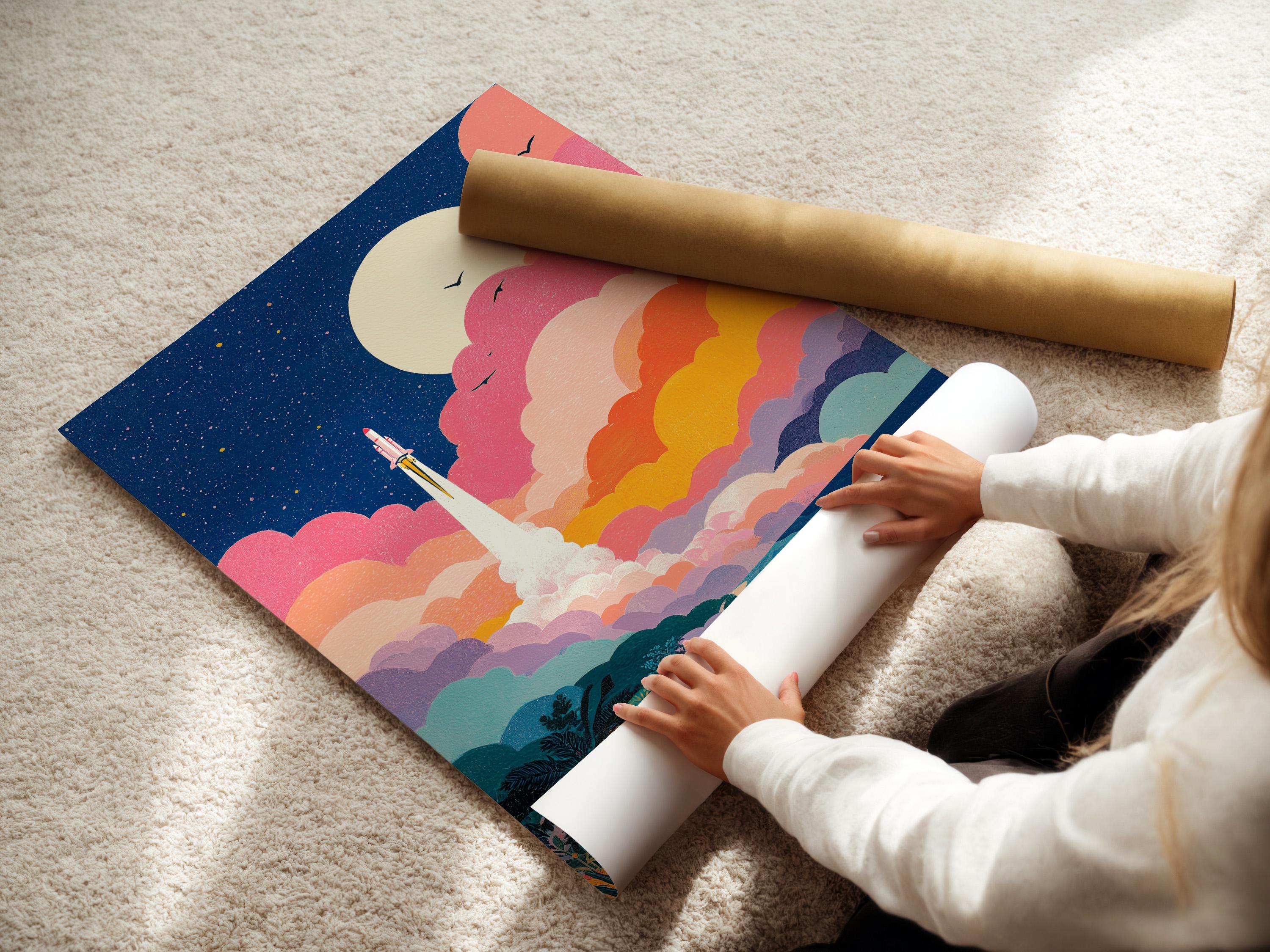 Retro rocket launching from a beach under a starry night sky with pink clouds and birds detail view