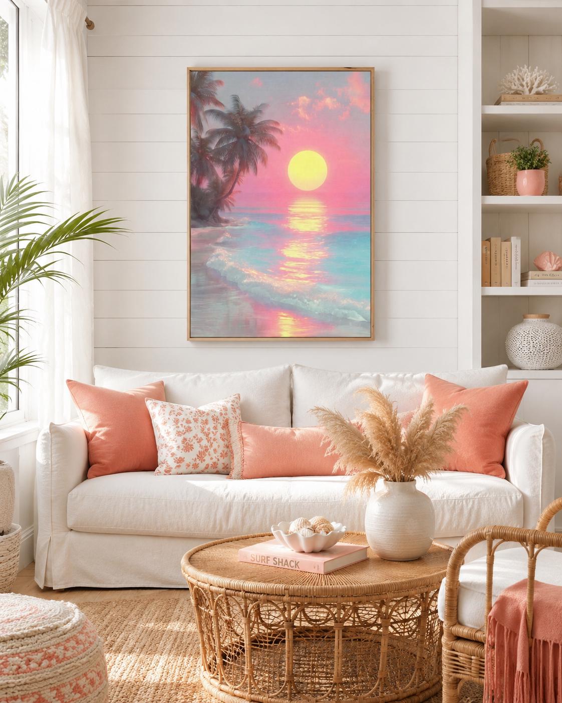 A framed tropical seascape shows a bright yellow sun over pink and turquoise water, with palm silhouettes and glowing reflections detail view