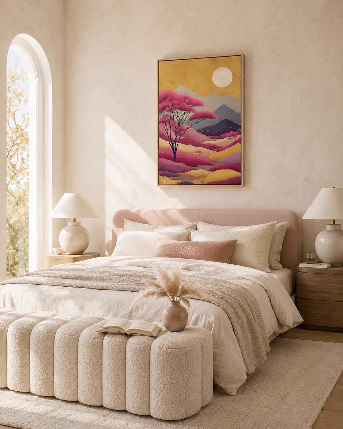 Painterly mountain landscape with blush-pink blossom trees, layered ridges and a pale moon in warm gold tones detail view