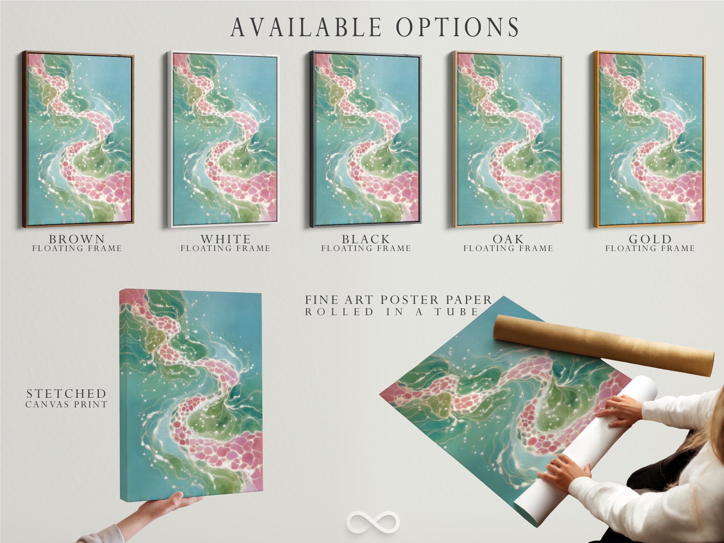 Teal abstract artwork with flowing white lines and blush pink clusters detail view