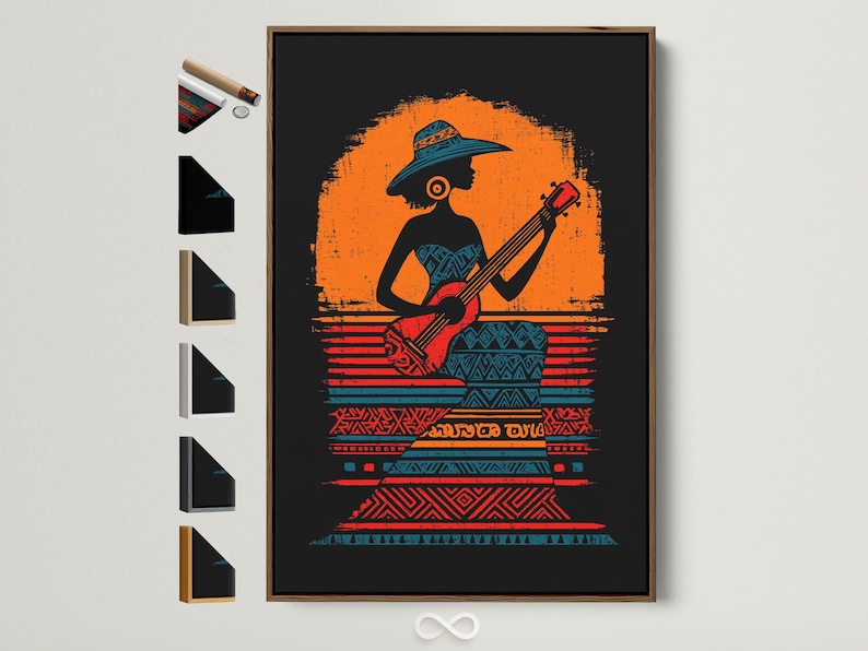 Stylised woman musician playing a red guitar with a burnt orange burst and teal tribal stripes