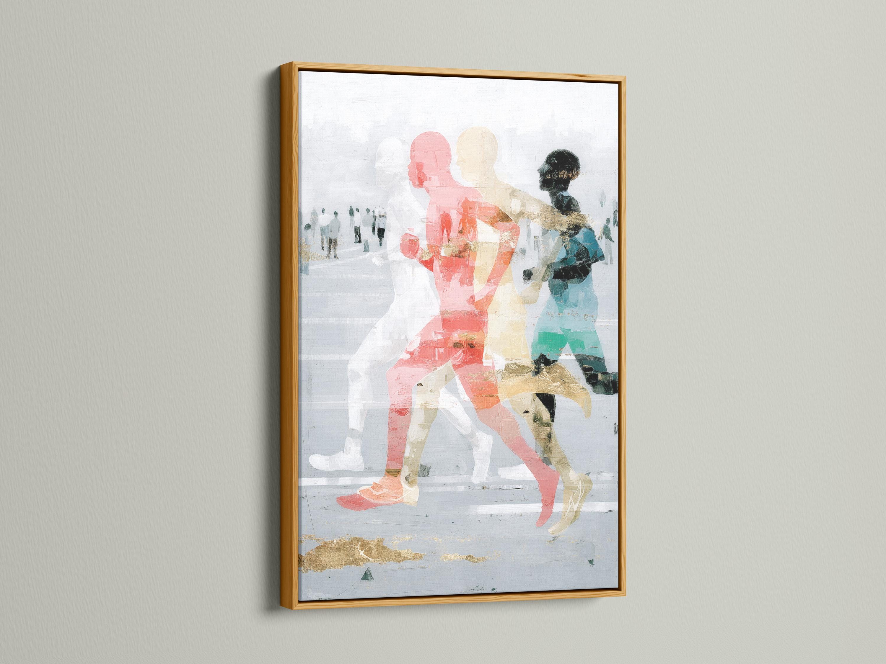 Room mockup featuring a framed abstract runners artwork with coral and teal figures
