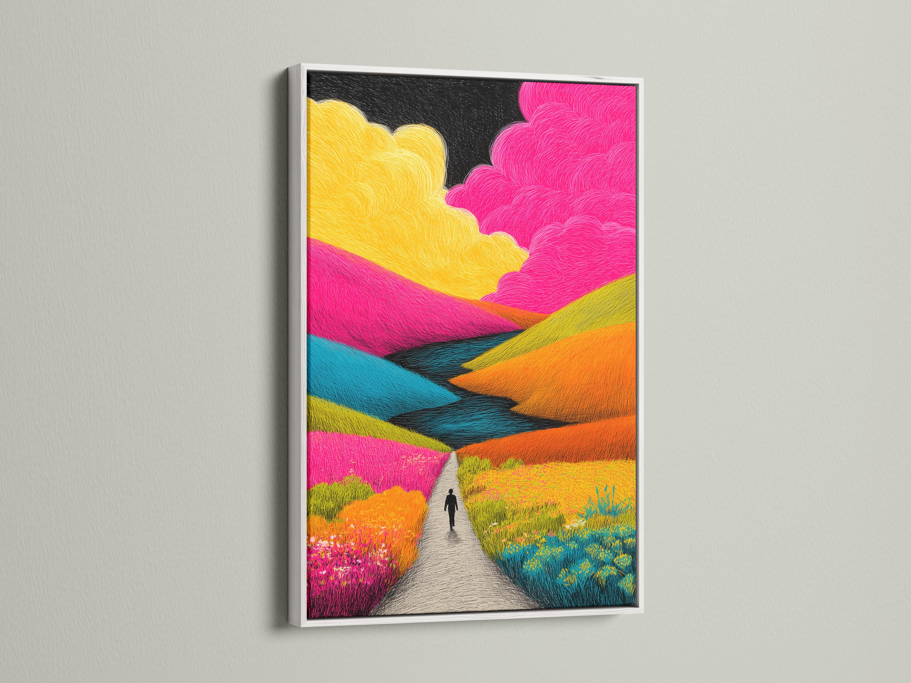 Vibrant abstract landscape with a winding path, layered pink and yellow fields, and cloud shapes under a dark sky detail view