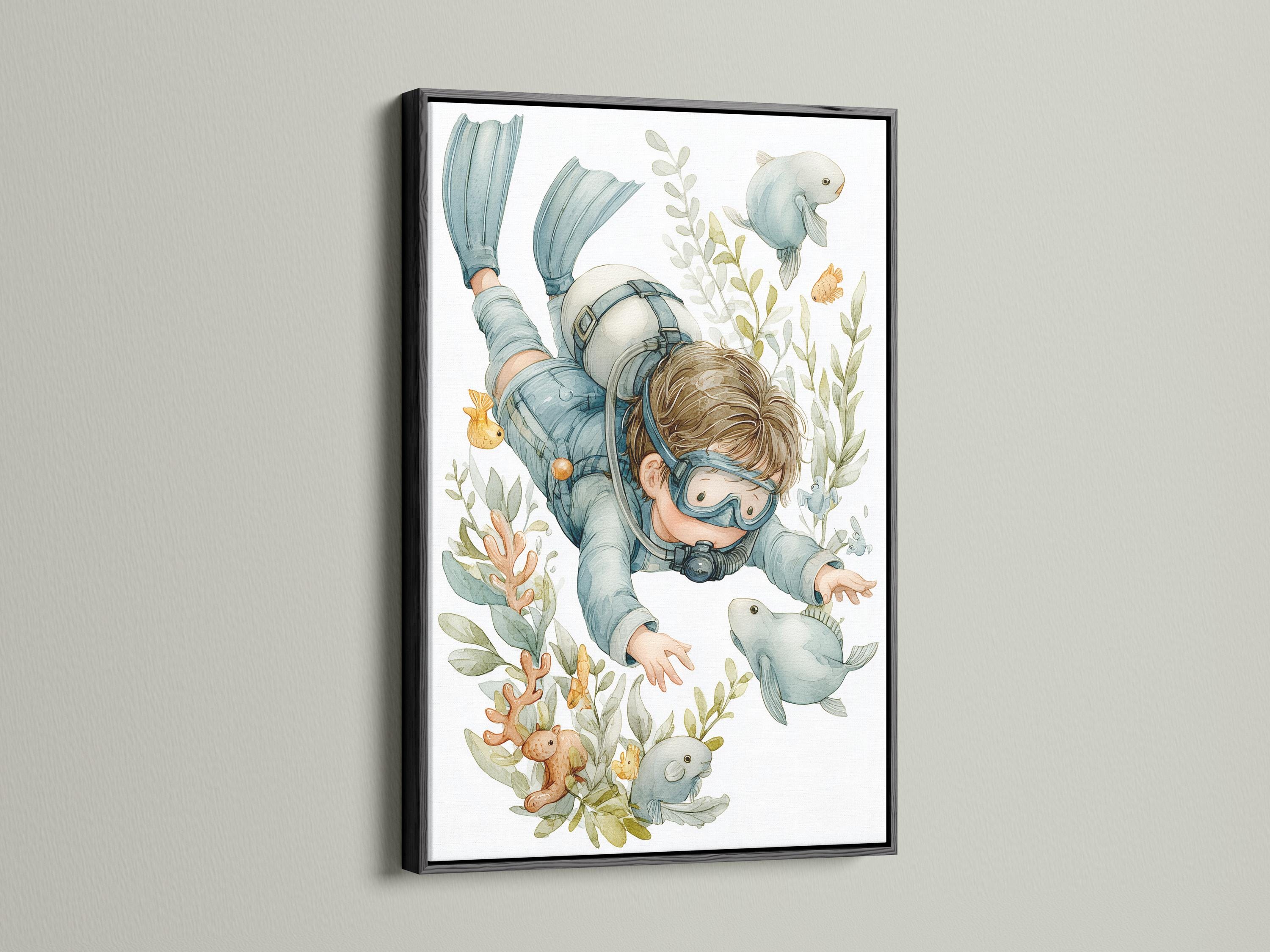 Mockup showing a framed underwater diver illustration with fish and coral