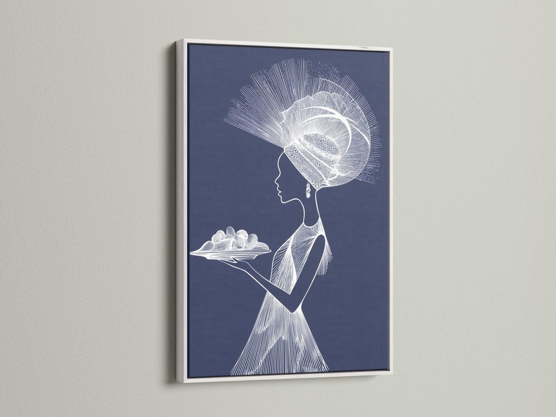 Minimalist white line portrait of a woman in profile on a navy blue background with radiating halo strokes detail view