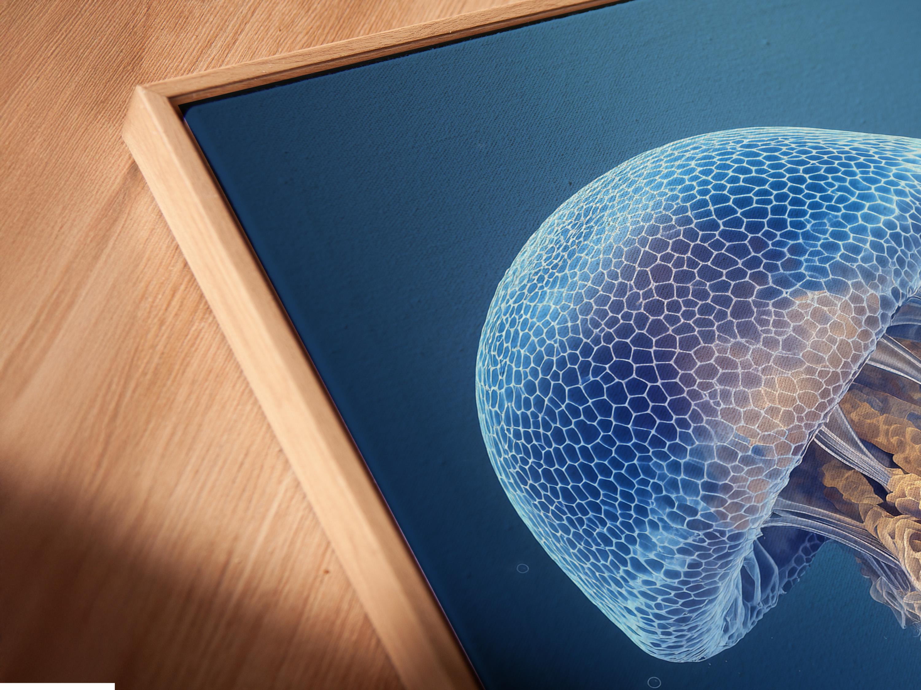 Framed jellyfish underwater artwork on a wall mockup