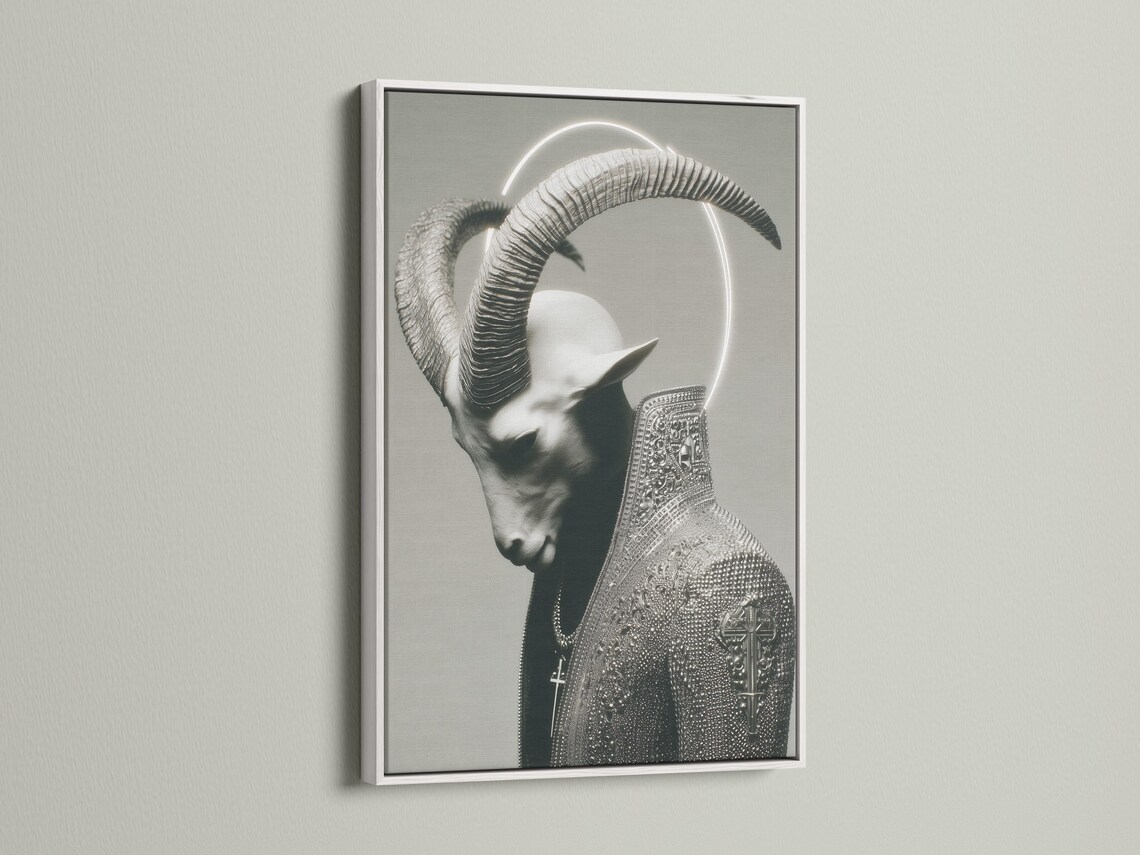 Monochrome horned figure portrait with a glowing halo ring and ornate patterned cloak detail view