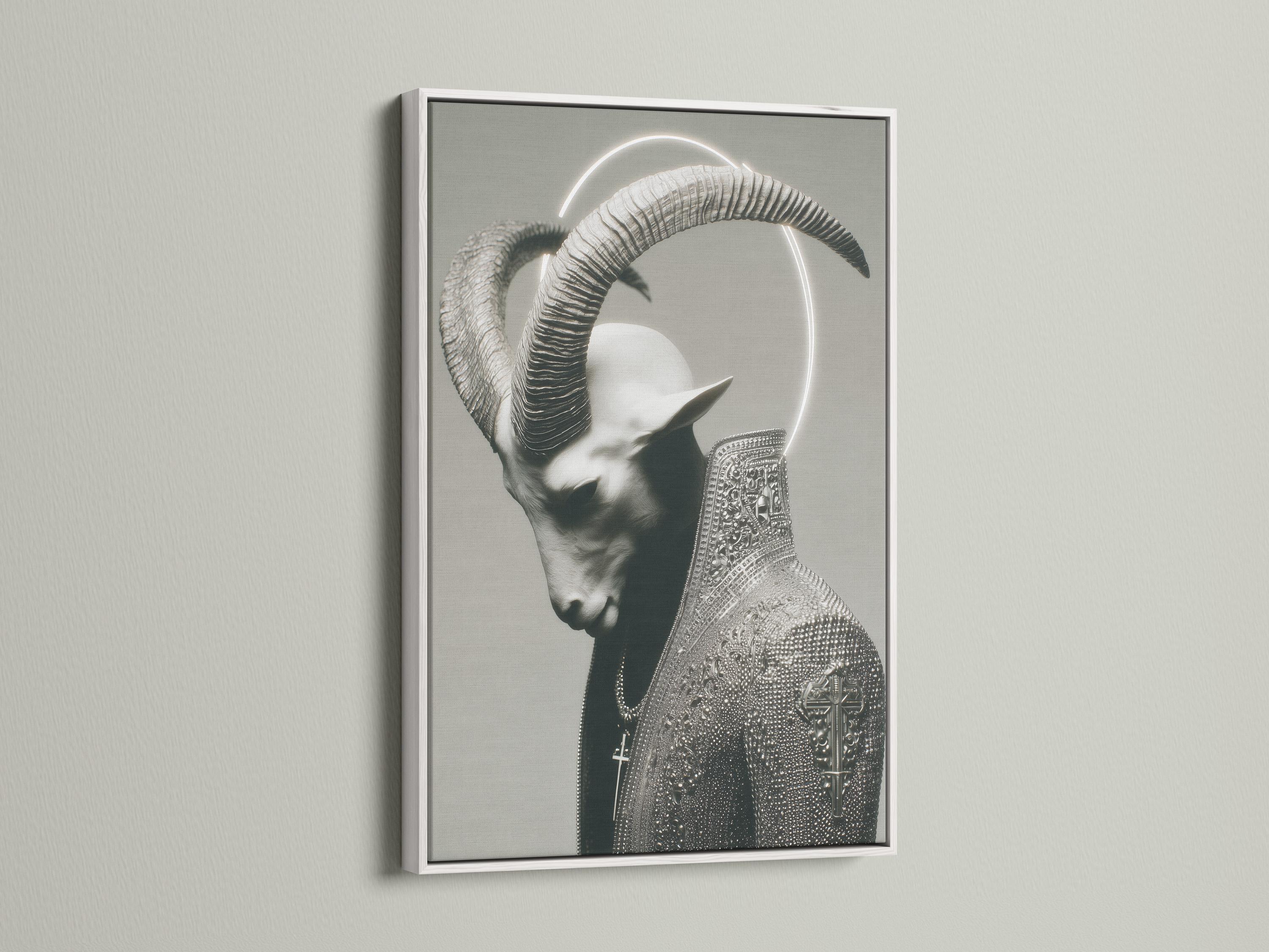 Monochrome horned figure portrait with a glowing halo ring and ornate patterned cloak detail view