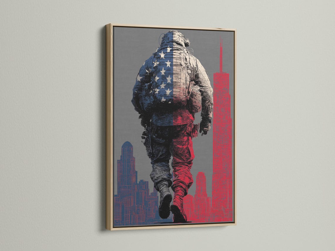 Distressed soldier illustration with blue star patchwork and red-and-navy city skyline detail view