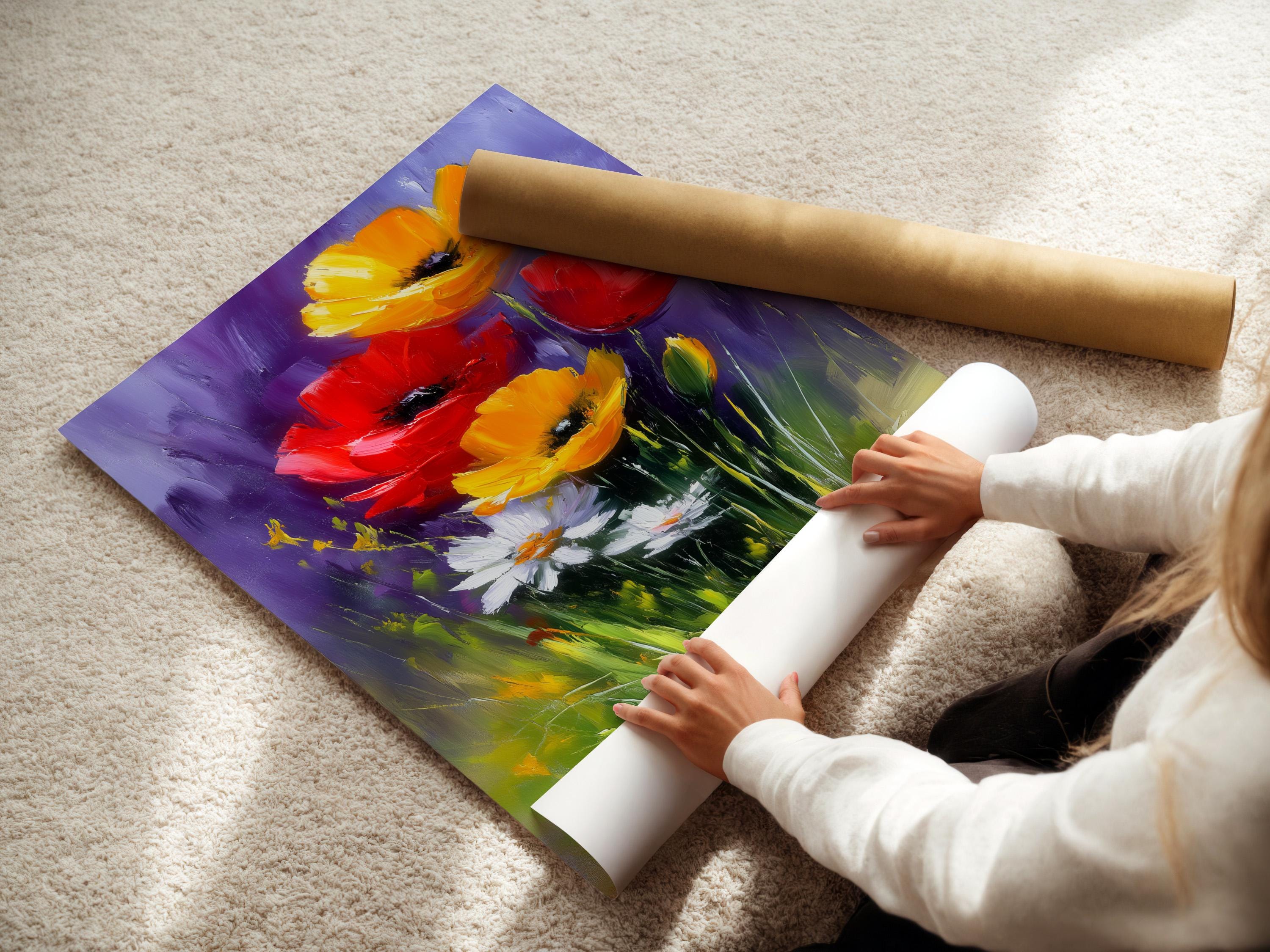 A painterly floral scene shows bold red and yellow poppy-like flowers rising from green stems against a purple background detail view