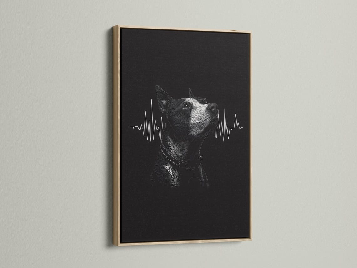 Room mockup showing a framed monochrome dog portrait with a heartbeat waveform on a dark background