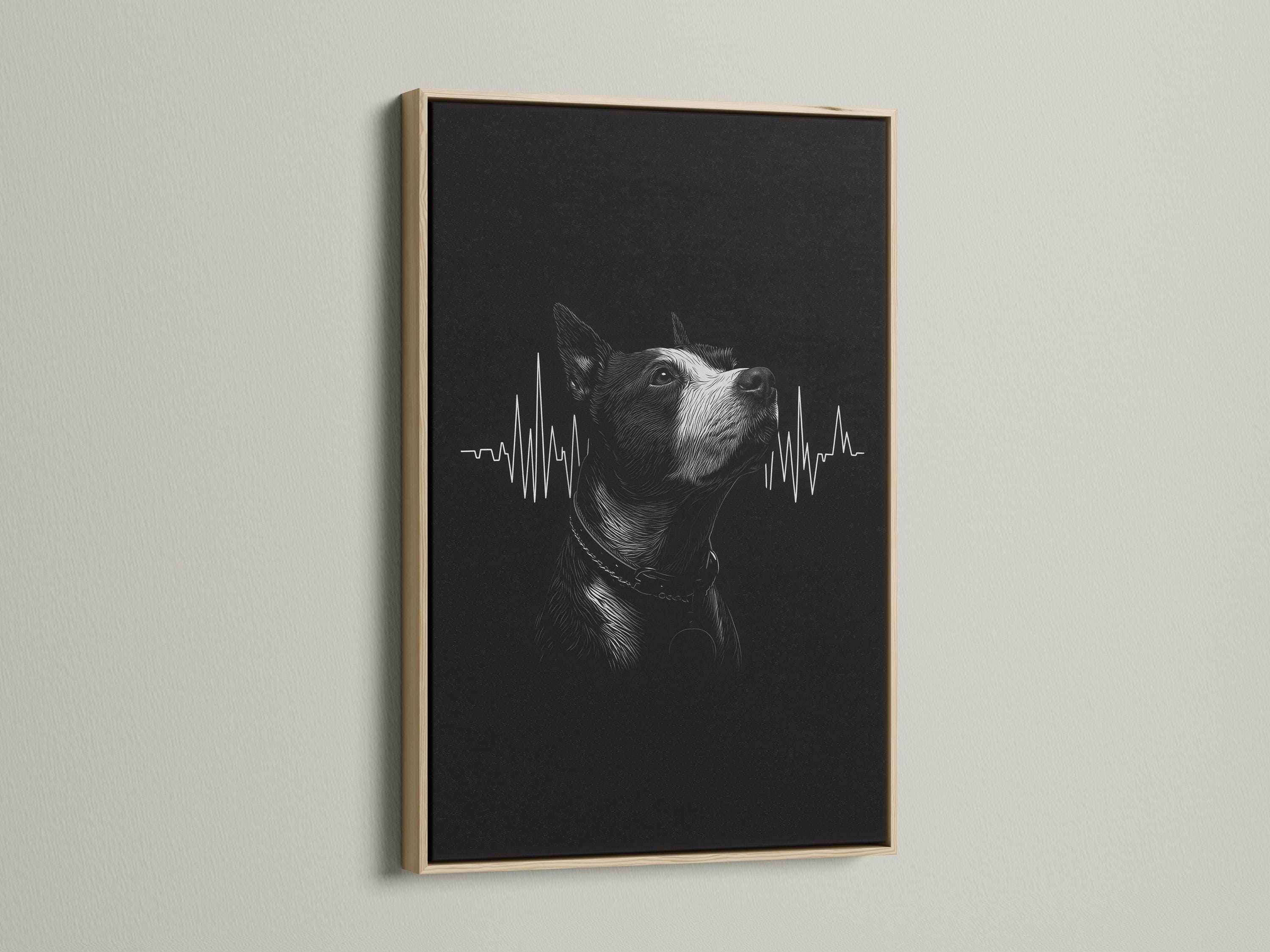 Room mockup showing a framed monochrome dog portrait with a heartbeat waveform on a dark background