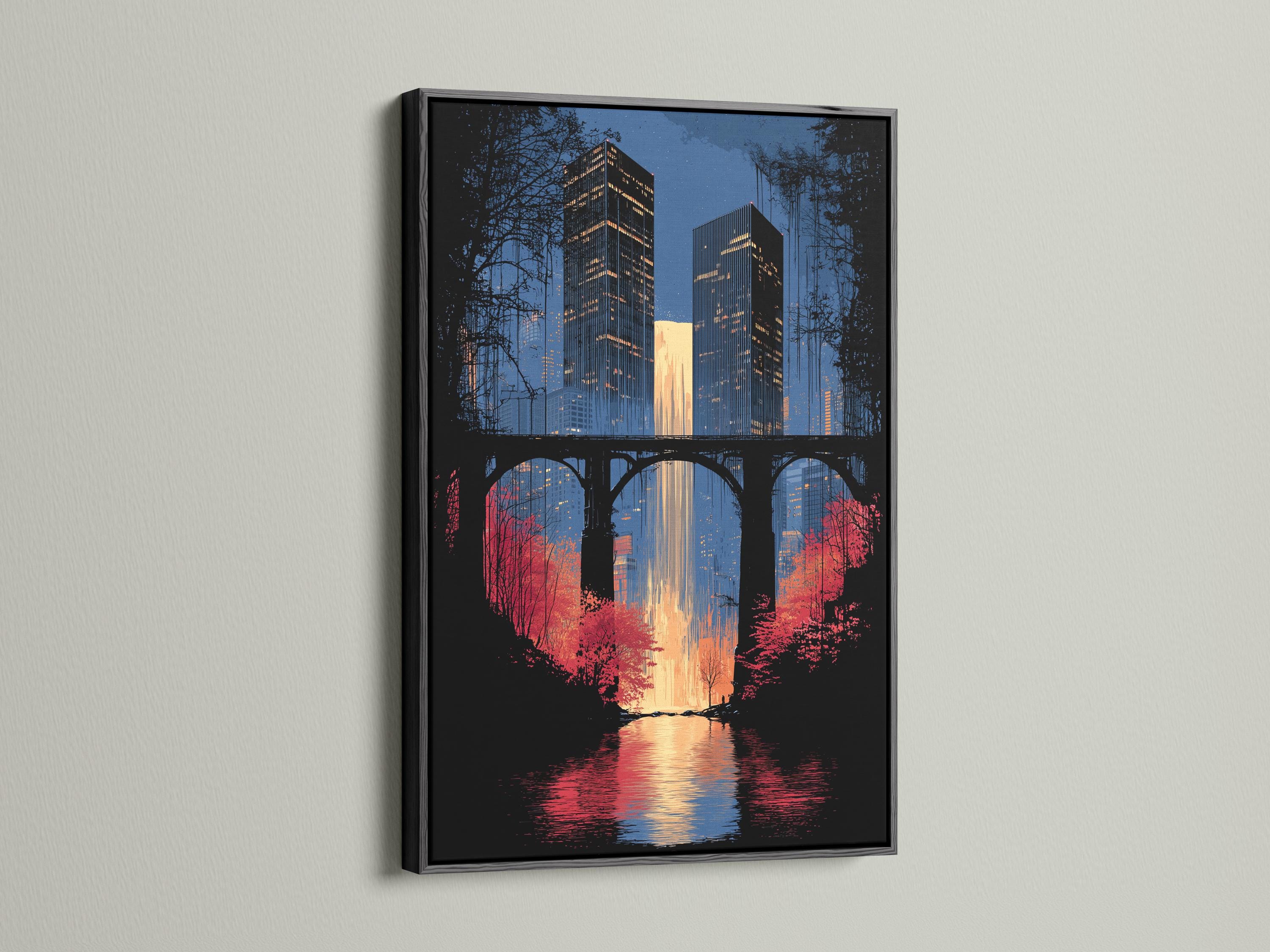 Night city skyline with illuminated buildings, arched bridge silhouette and river reflections detail view