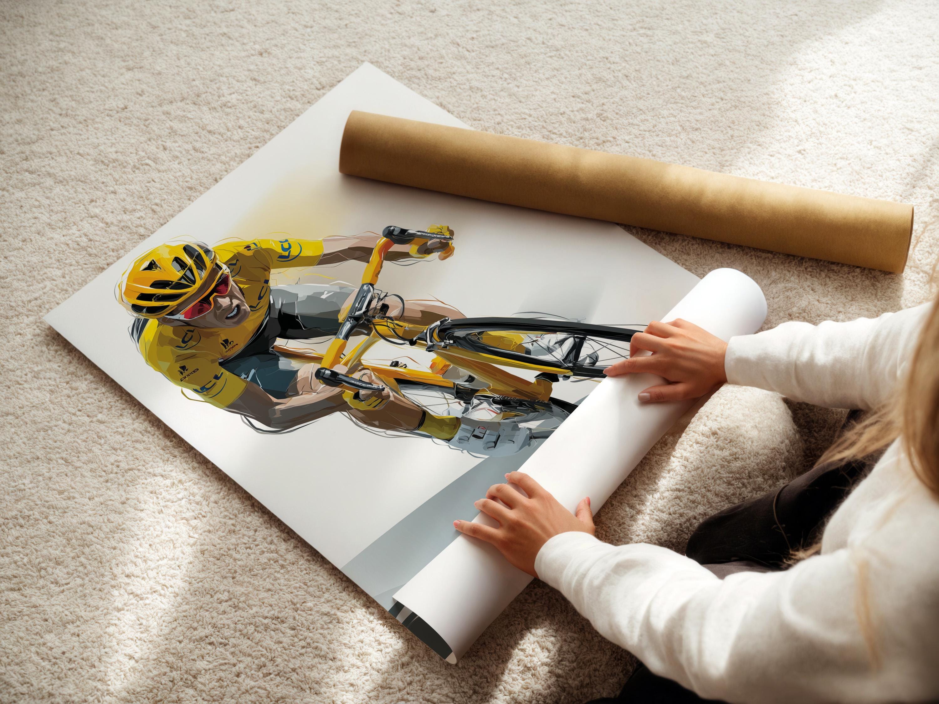 Illustration of a cyclist in a bright yellow jersey racing on a bicycle against a pale background detail view