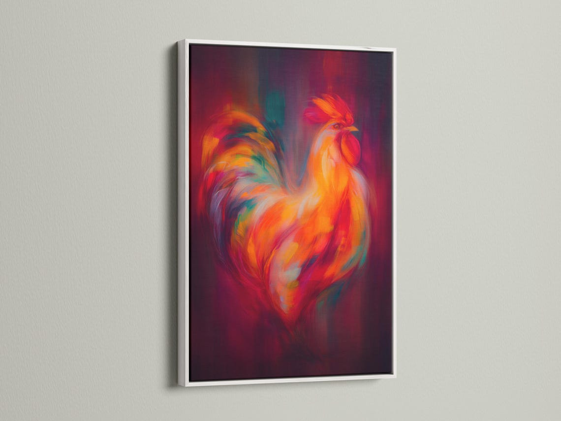 A stylised rooster portrait in vibrant orange and red with a deep purple background detail view