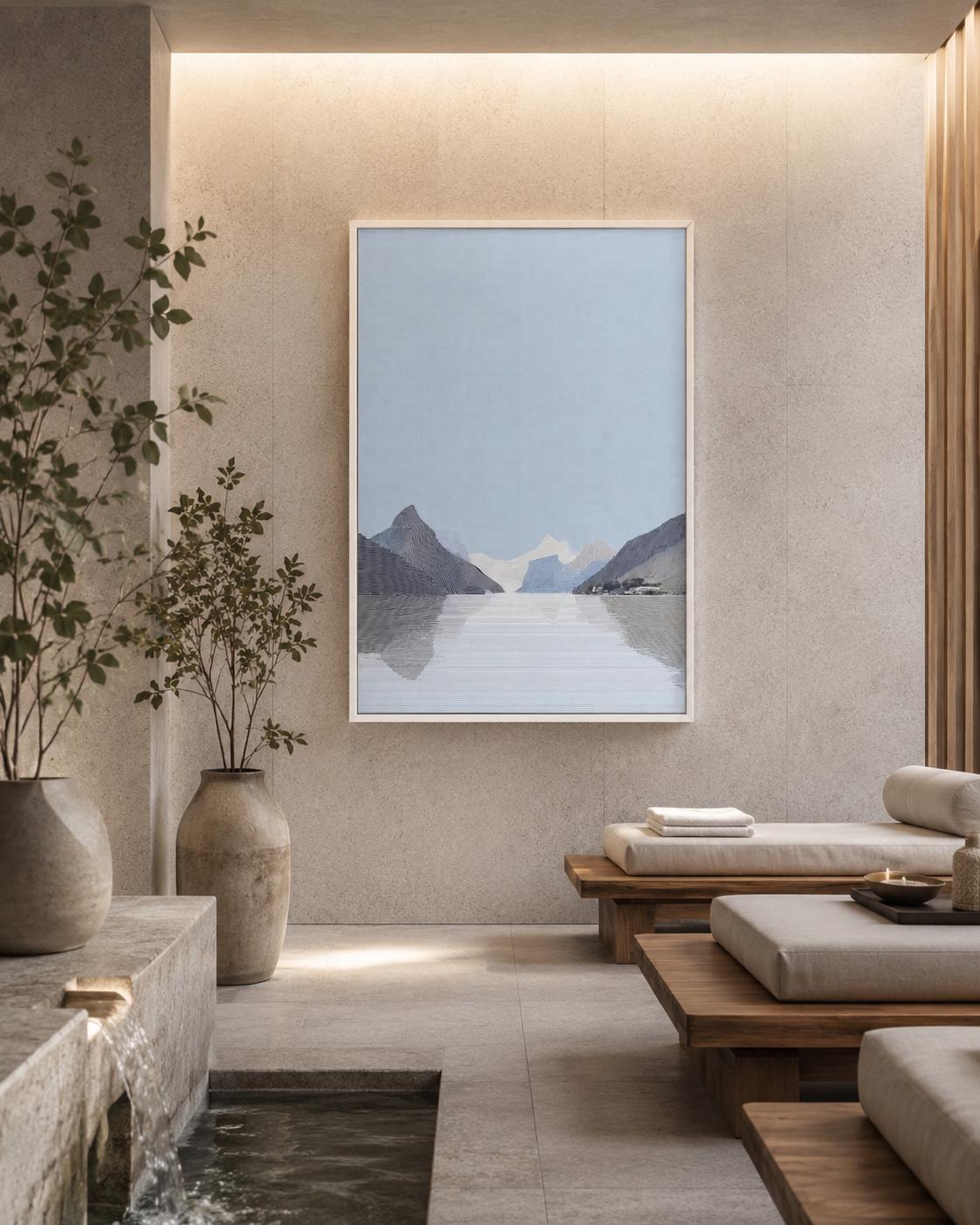 Person viewing an abstract mountain artwork in a modern room mockup