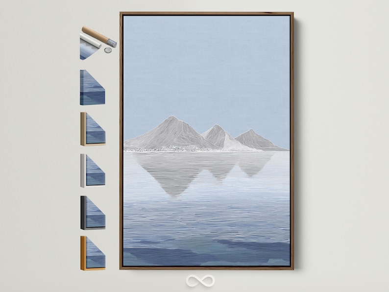 Blue minimalist mountains with pale grey reflection in a calm water scene