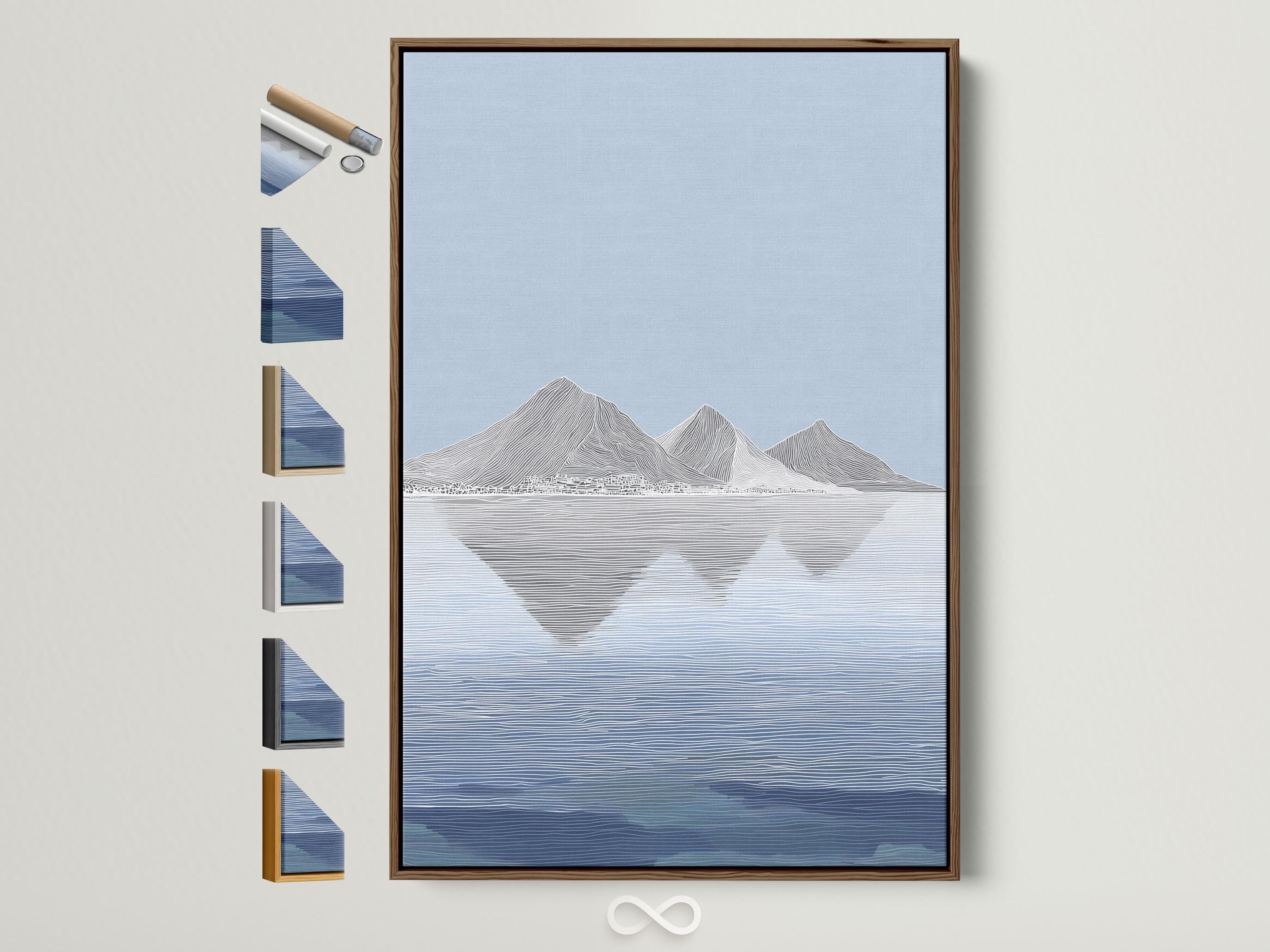 Blue minimalist mountains with pale grey reflection in a calm water scene