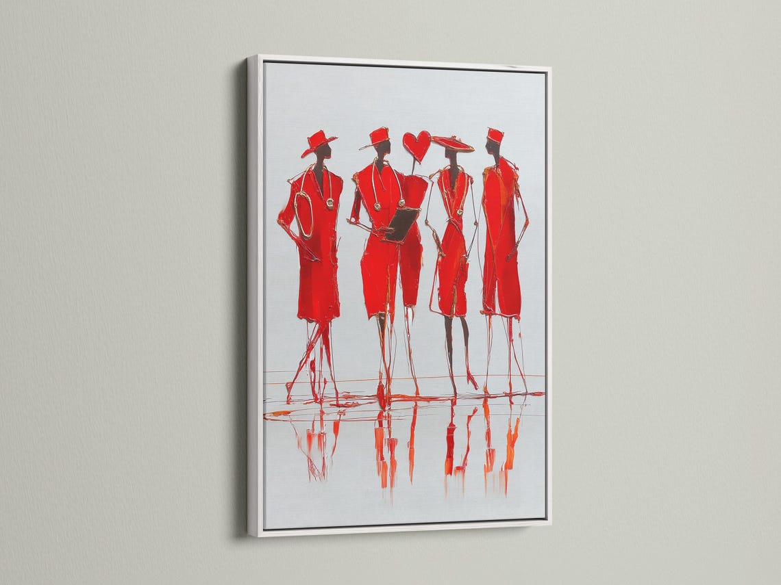Stylised group of red fashion figures in hats with sketchy outlines and mirrored red reflections detail view