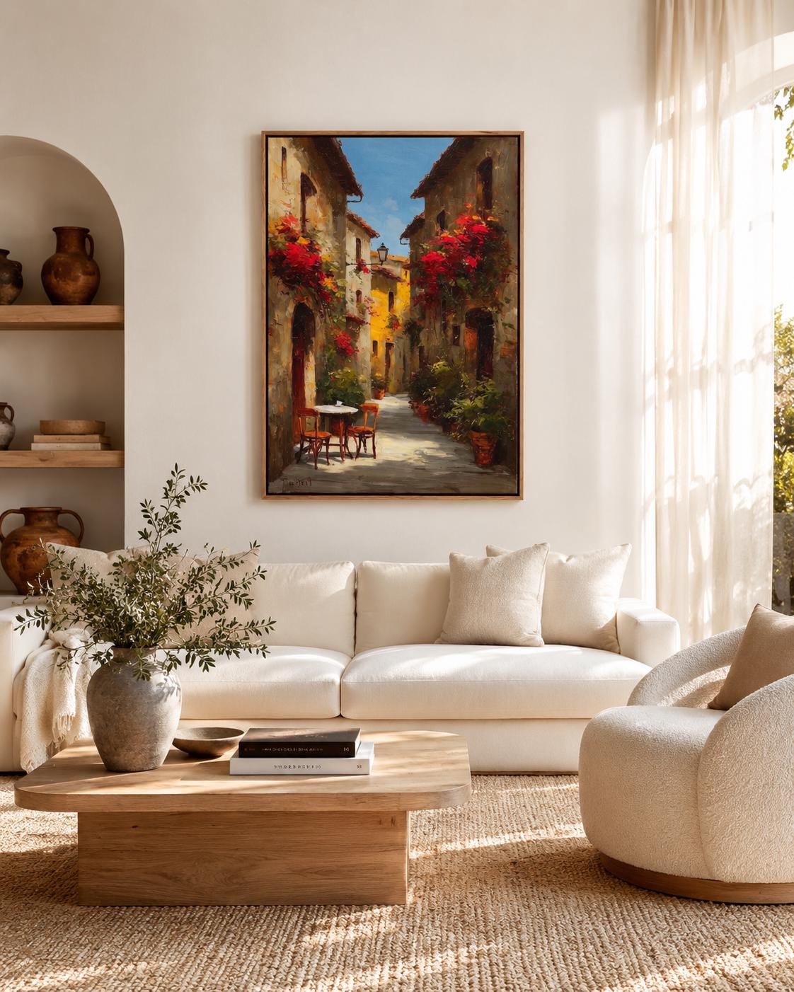 Italian Village Canvas Art - Sunlit Alley Scene, Red Flowers